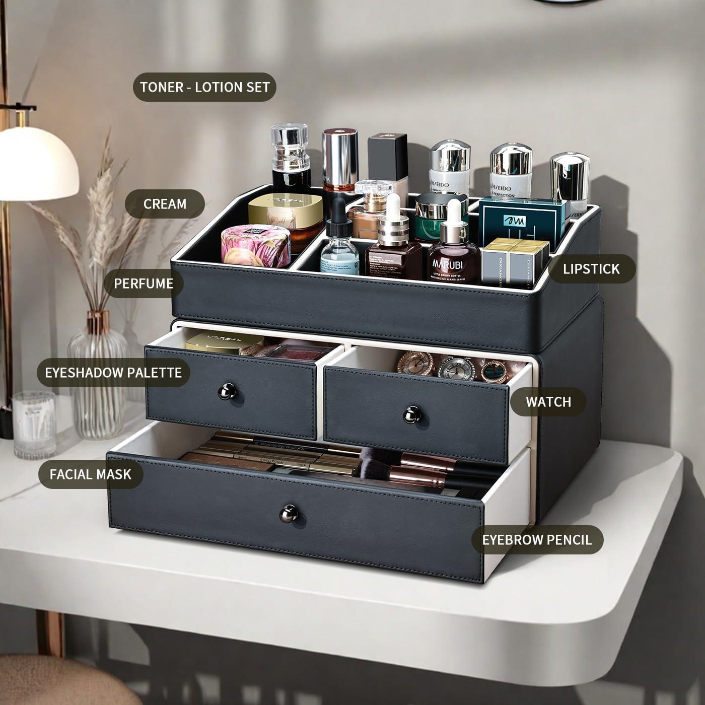 Organizador de Maquillaje KINGFOM PU 2 Niveles 3 Cajones Negro