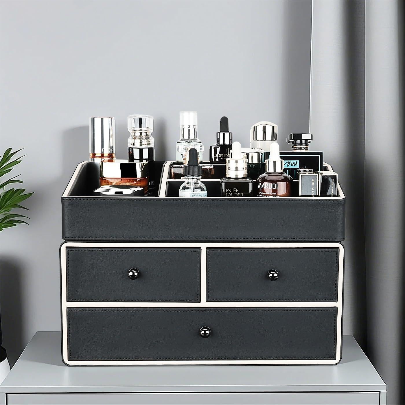 Organizador de Maquillaje KINGFOM PU 2 Niveles 3 Cajones Negro