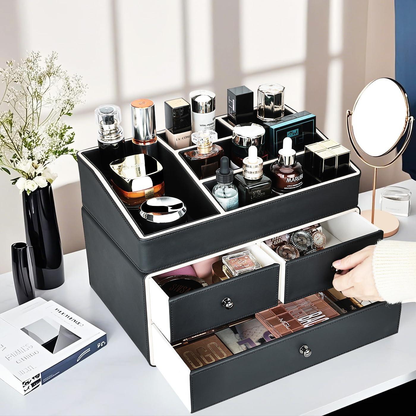 Organizador de Maquillaje KINGFOM PU 2 Niveles 3 Cajones Negro