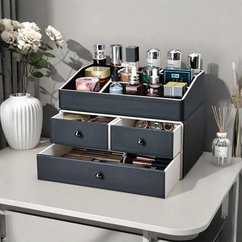 Organizador de Maquillaje KINGFOM PU 2 Niveles 3 Cajones Negro