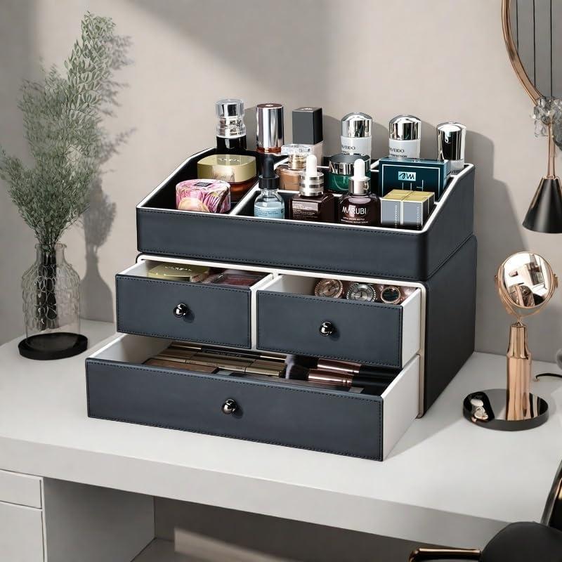 Organizador de Maquillaje KINGFOM PU 2 Niveles 3 Cajones Negro