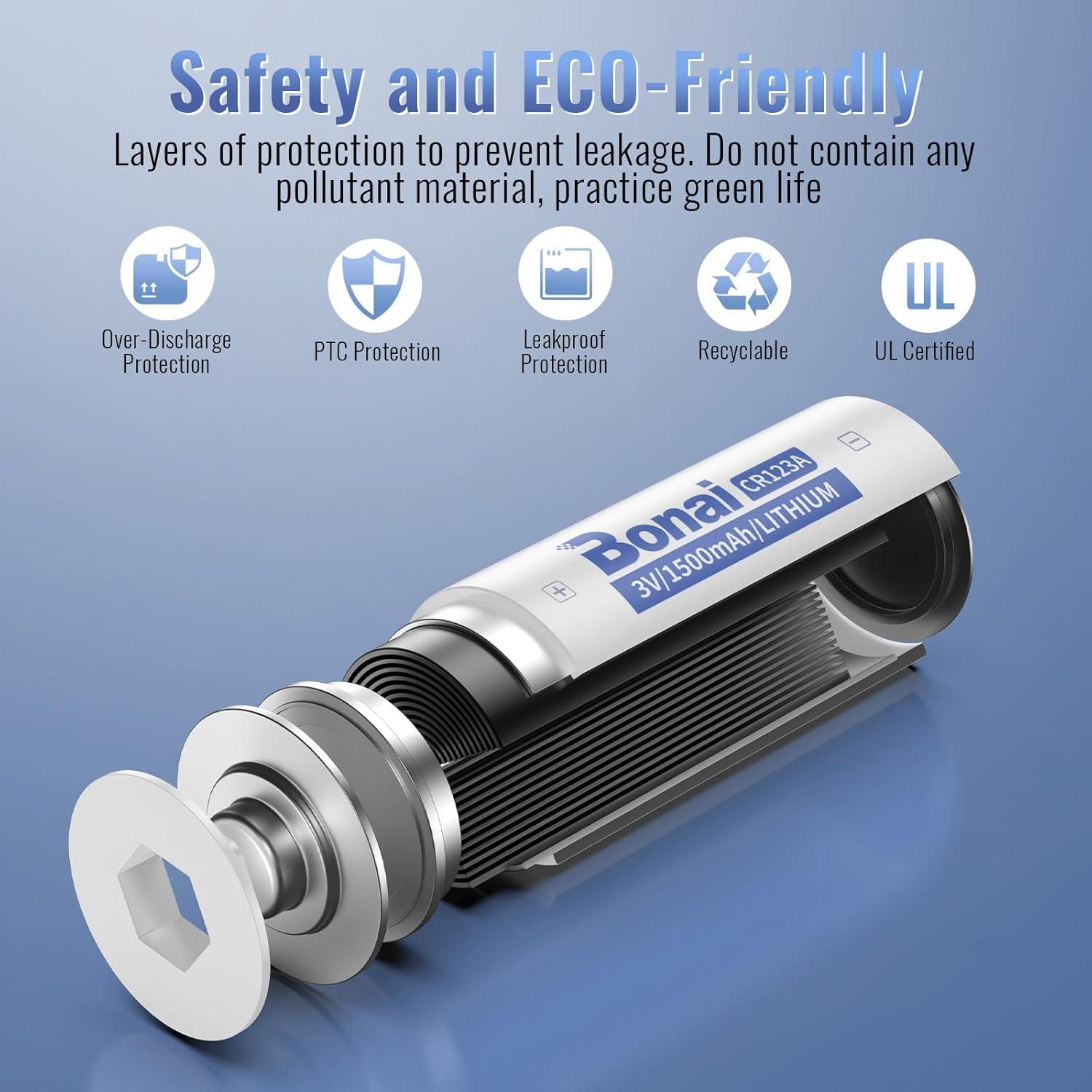 Baterías de Litio BONAI CR123A 1500mAh 8 Unidades