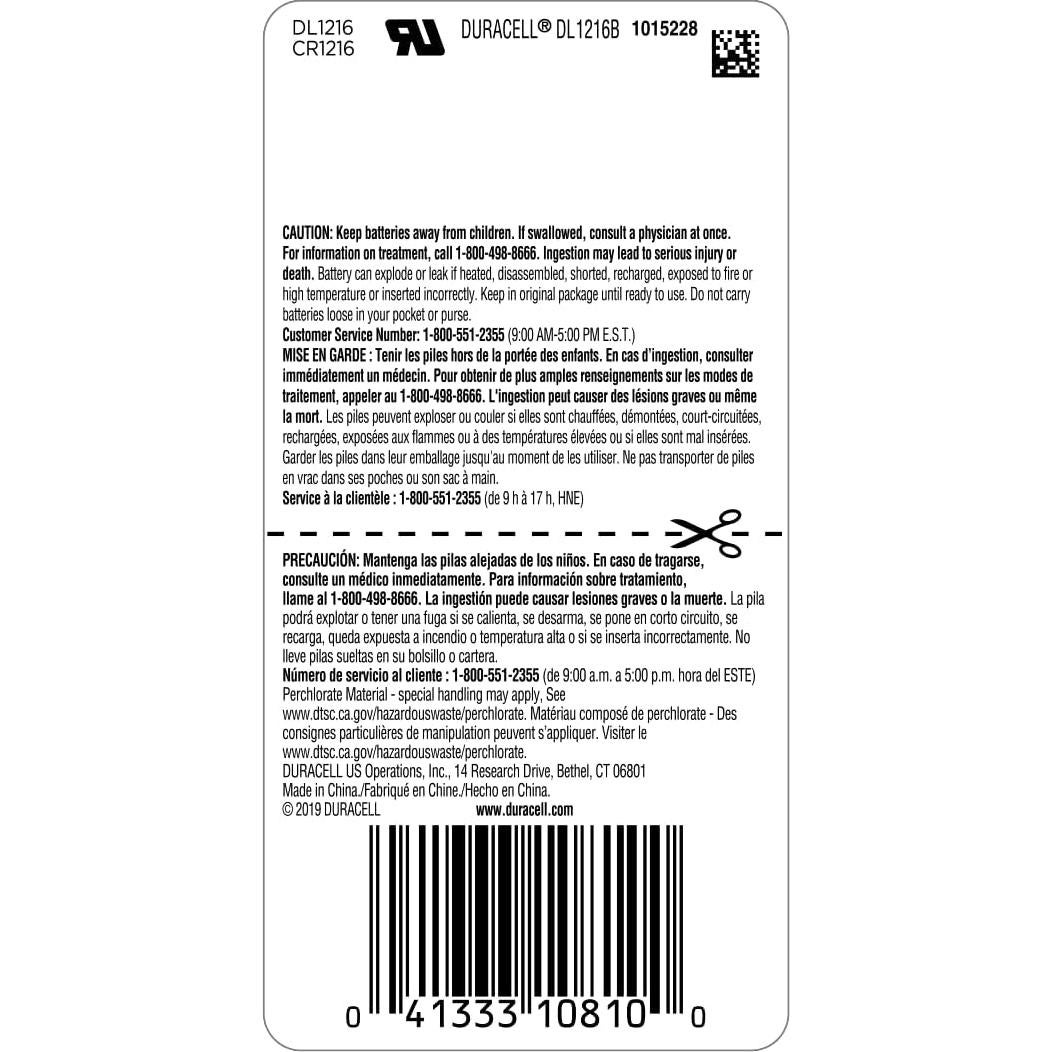 Batería de Litio Duracell CR1216 3V para Llave y Control Remoto