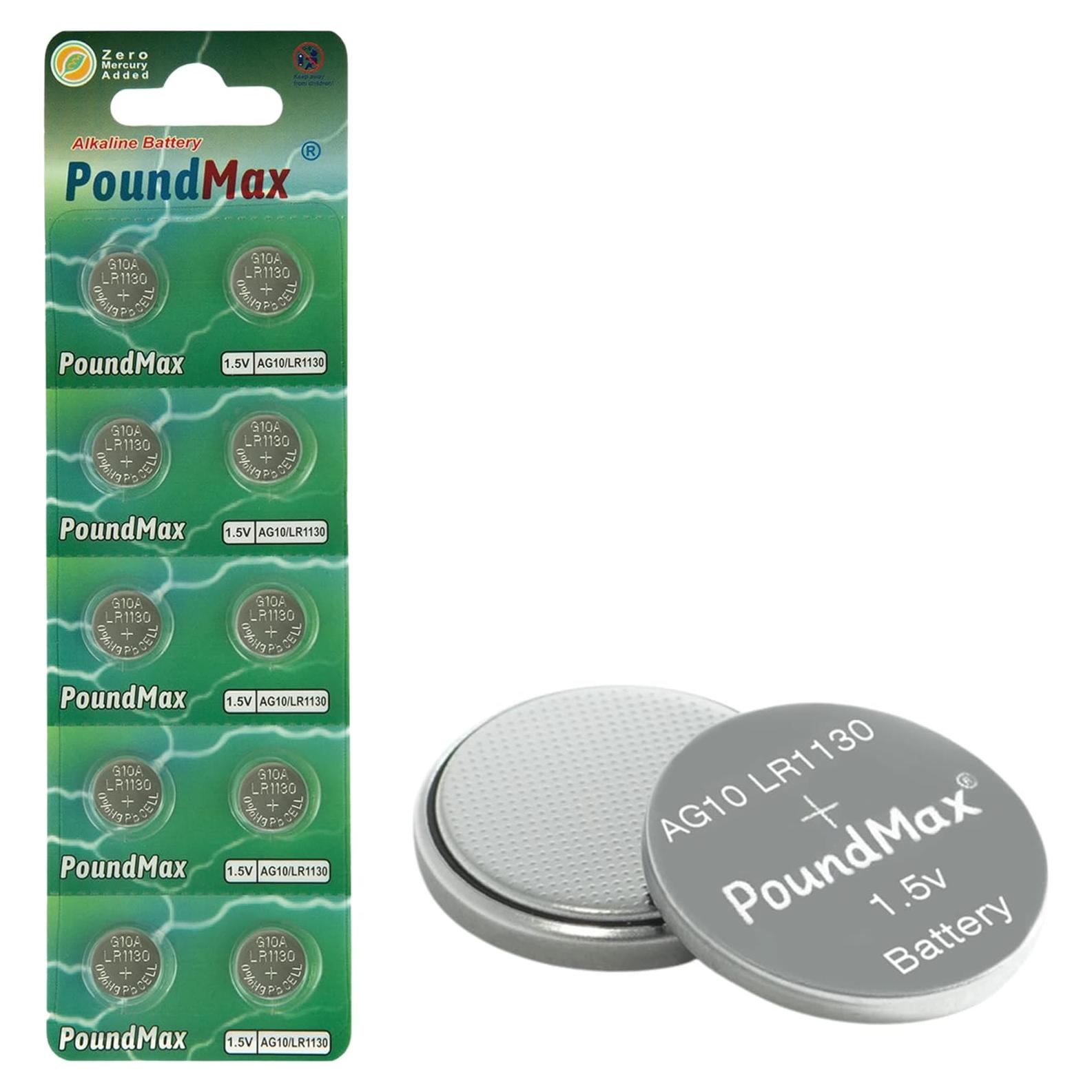 Pila de botón alcalina PoundMax AG10 LR1130 - 10 unidades