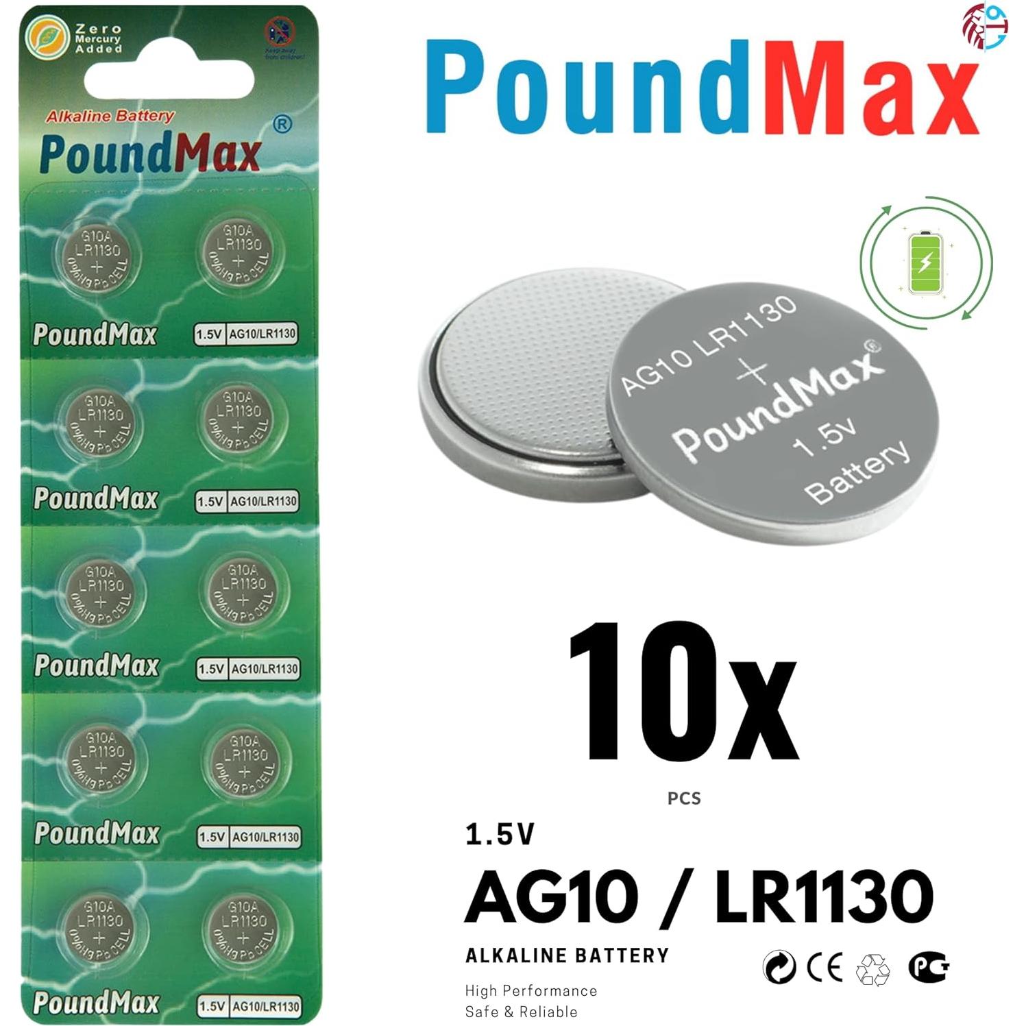 Pila de botón alcalina PoundMax AG10 LR1130 - 10 unidades