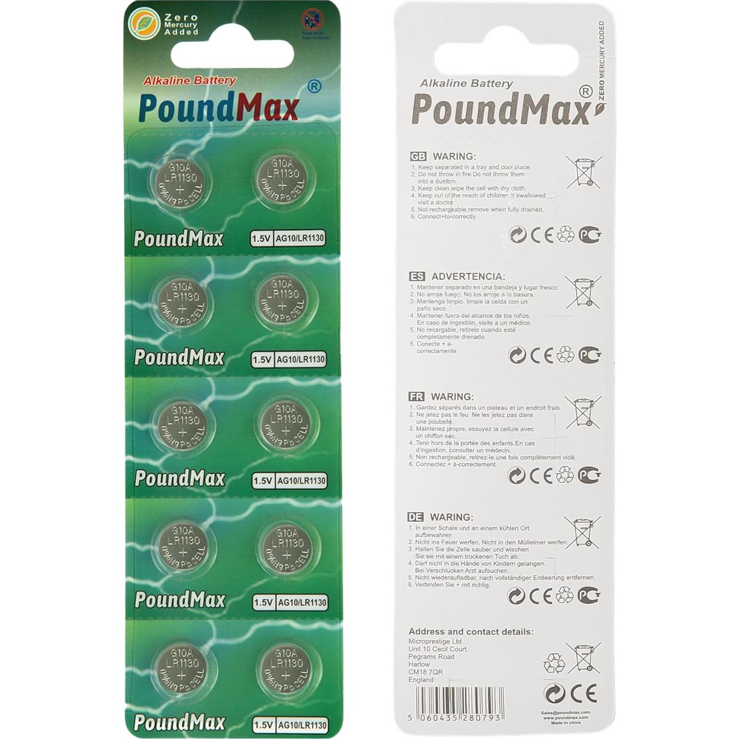 Pila de botón alcalina PoundMax AG10 LR1130 - 10 unidades