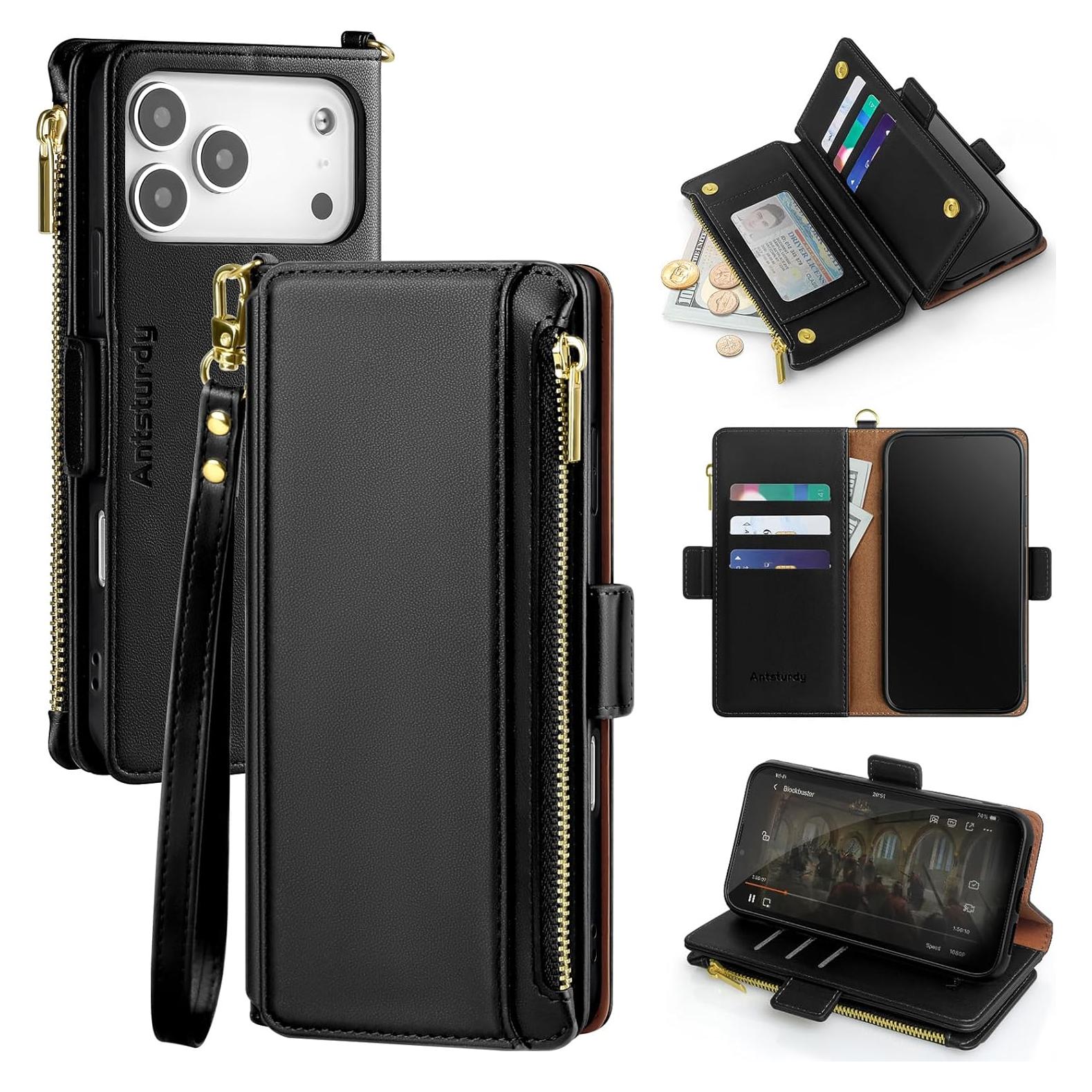 Funda de Cartera Antsturdy para iPhone 17 Pro - Cuero PU Negro