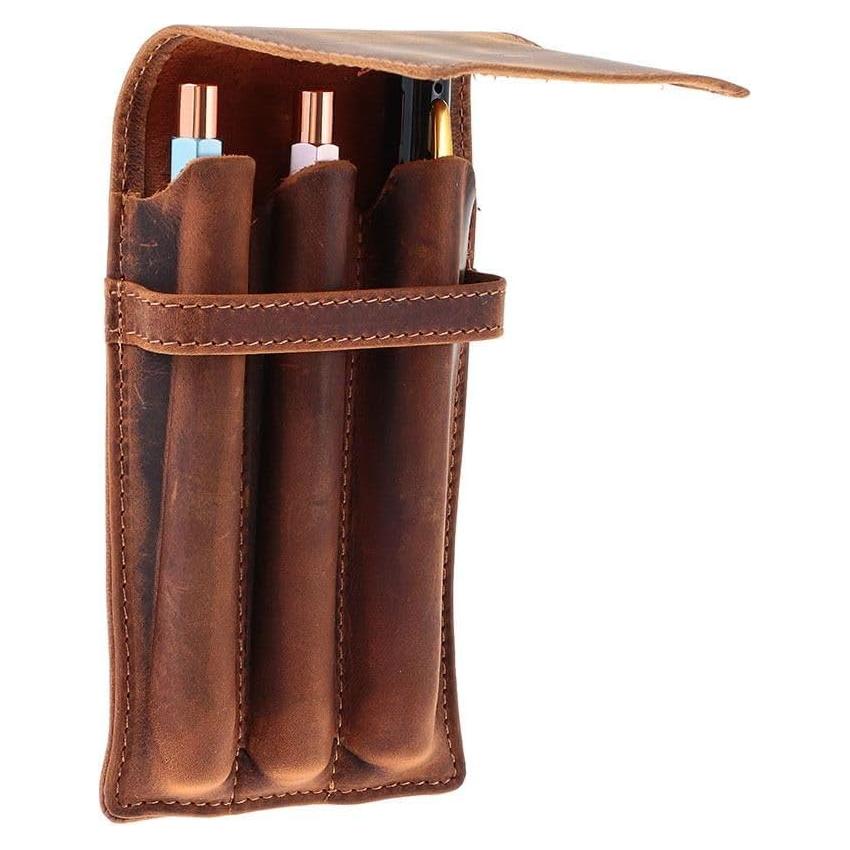 Estuche para bolígrafos de cuero okhobby marrón 3 compartimentos