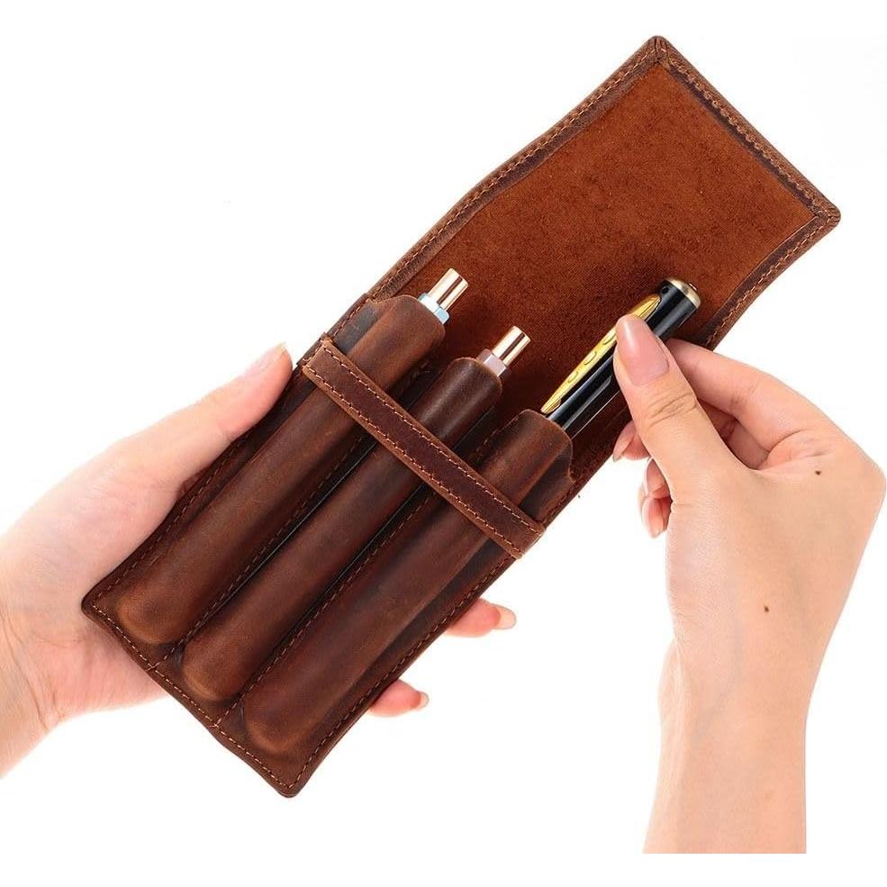 Estuche para bolígrafos de cuero okhobby marrón 3 compartimentos
