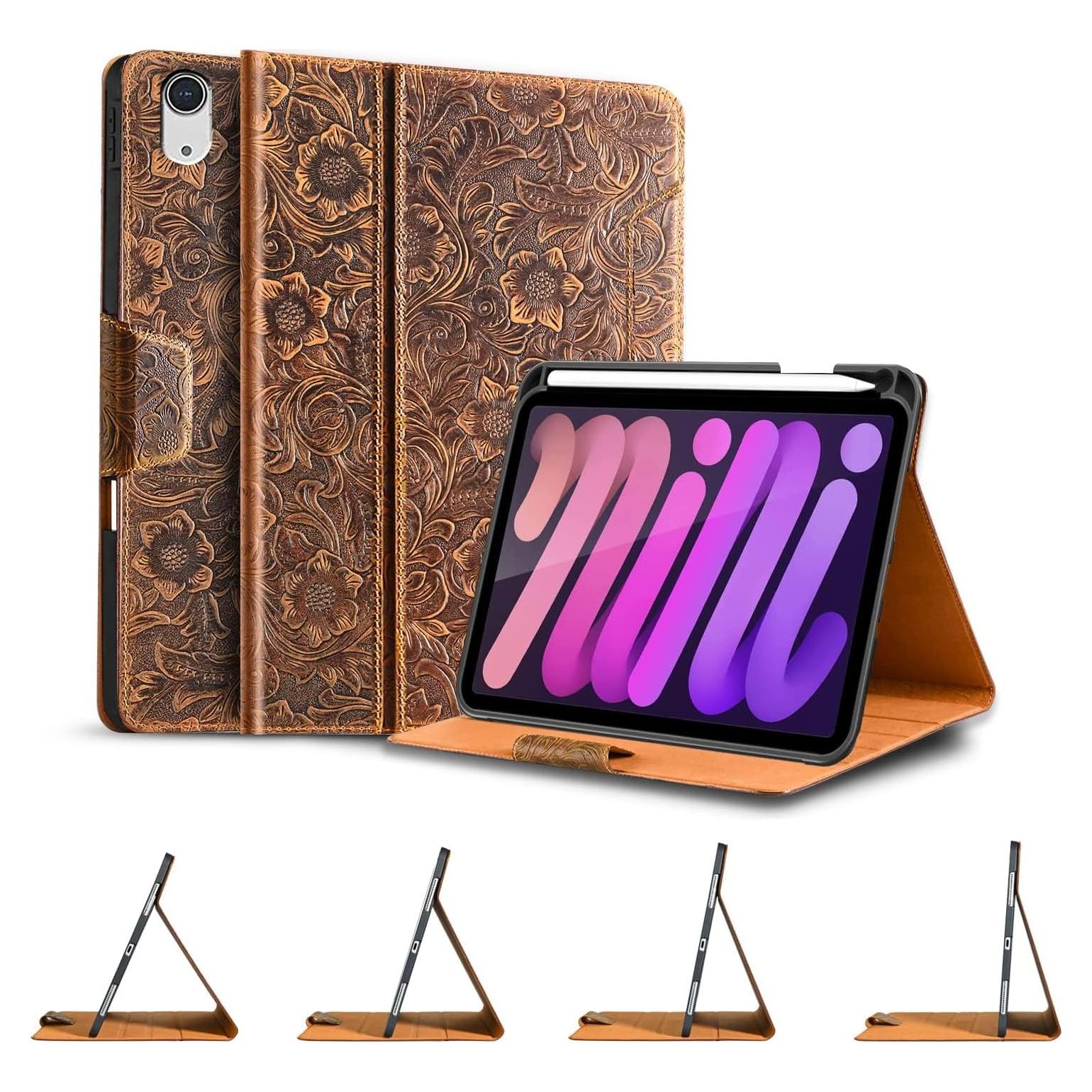 Funda de Cuero Genuino Gexmil para iPad Mini 7 y 6 - Marrón