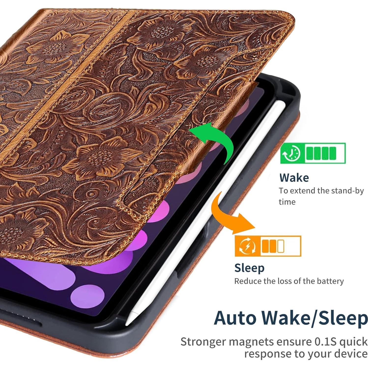 Funda de Cuero Genuino Gexmil para iPad Mini 7 y 6 - Marrón