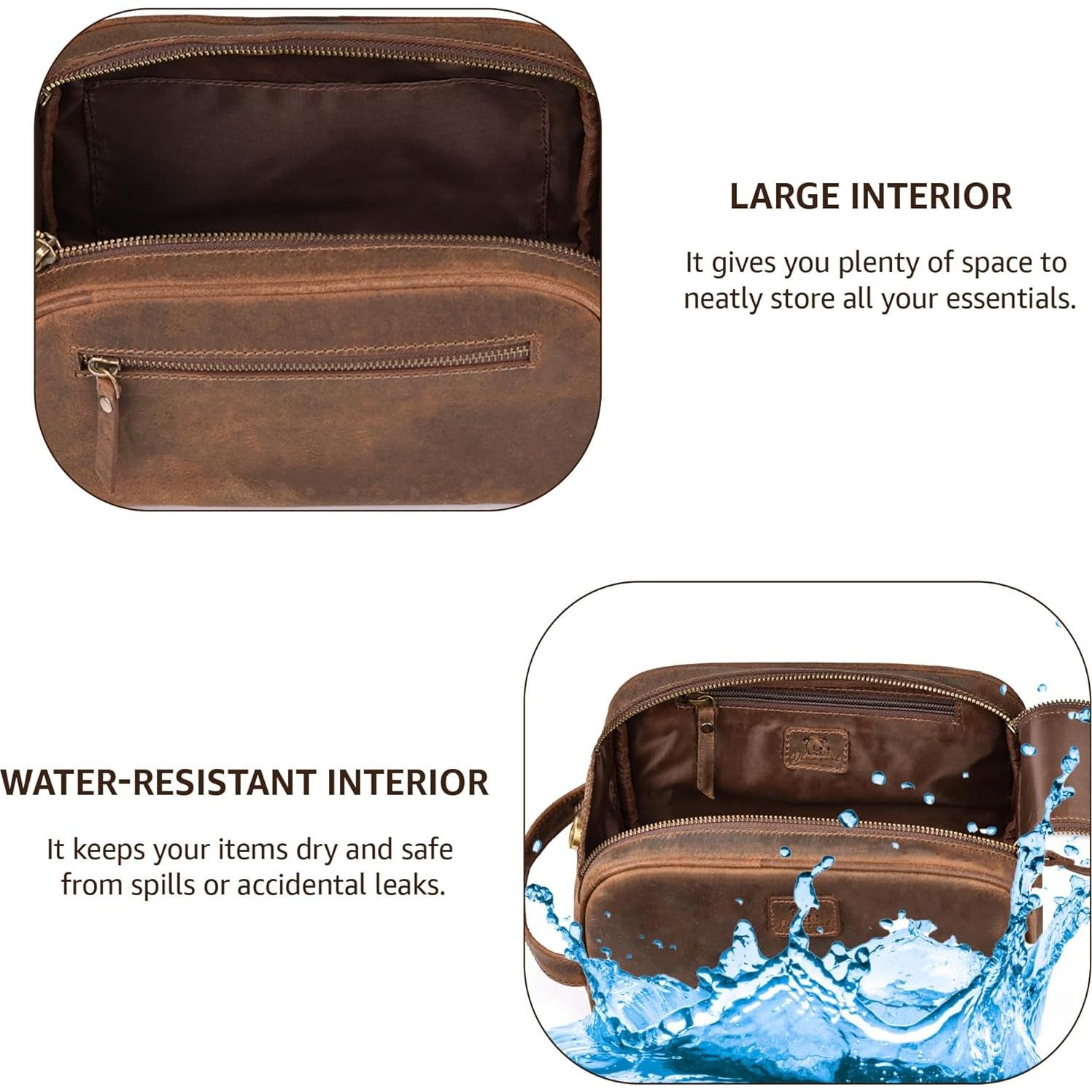 Neceser de Viaje DHAMPOOH de Cuero Marrón - Bolsa Dopp 25.4x15.2cm