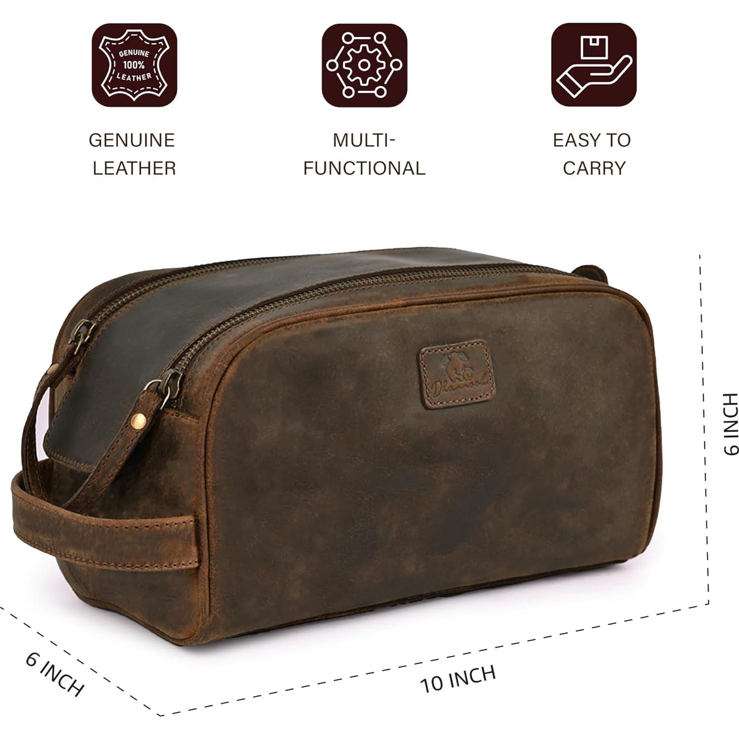 Neceser de Viaje DHAMPOOH de Cuero Marrón - Bolsa Dopp 25.4x15.2cm