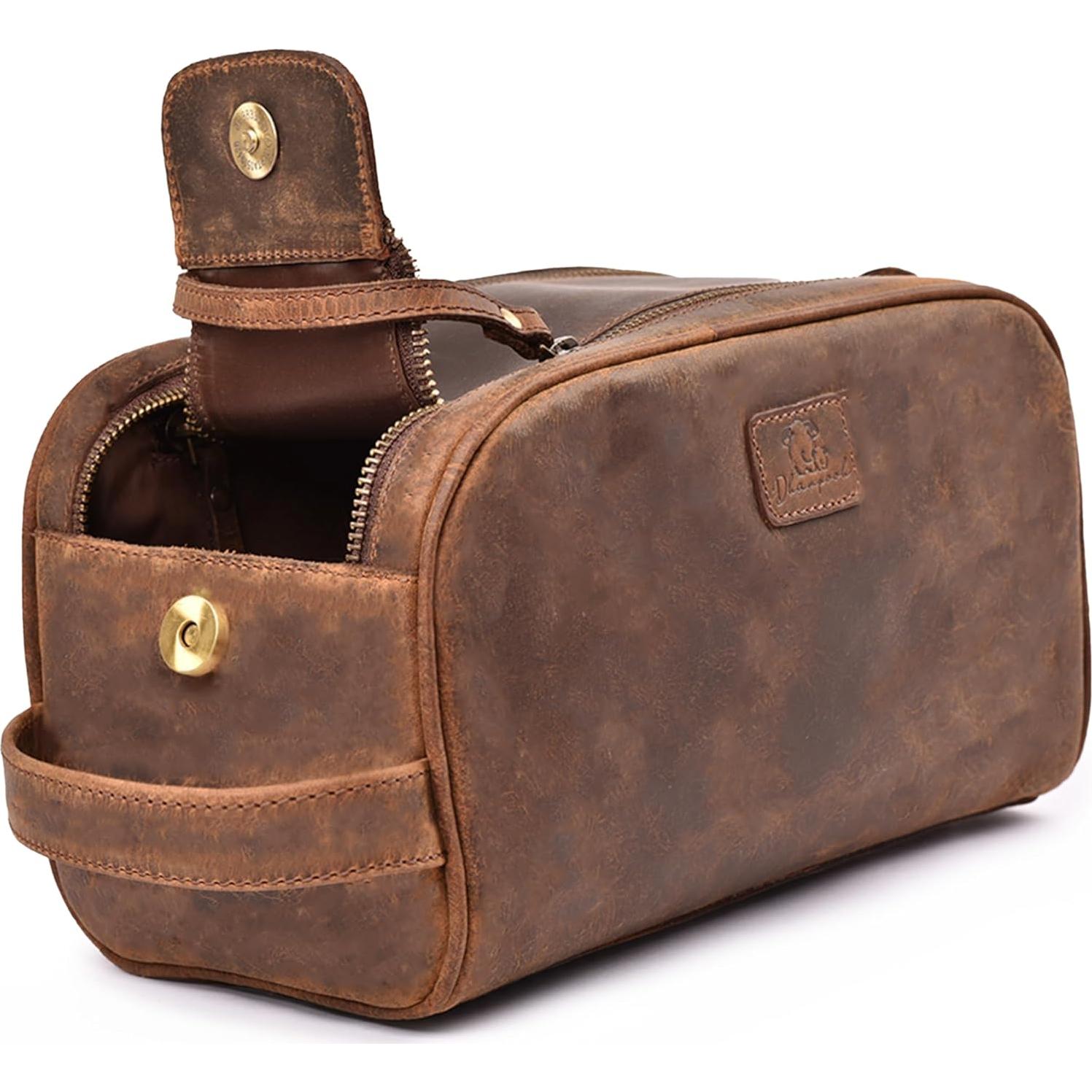 Neceser de Viaje DHAMPOOH de Cuero Marrón - Bolsa Dopp 25.4x15.2cm