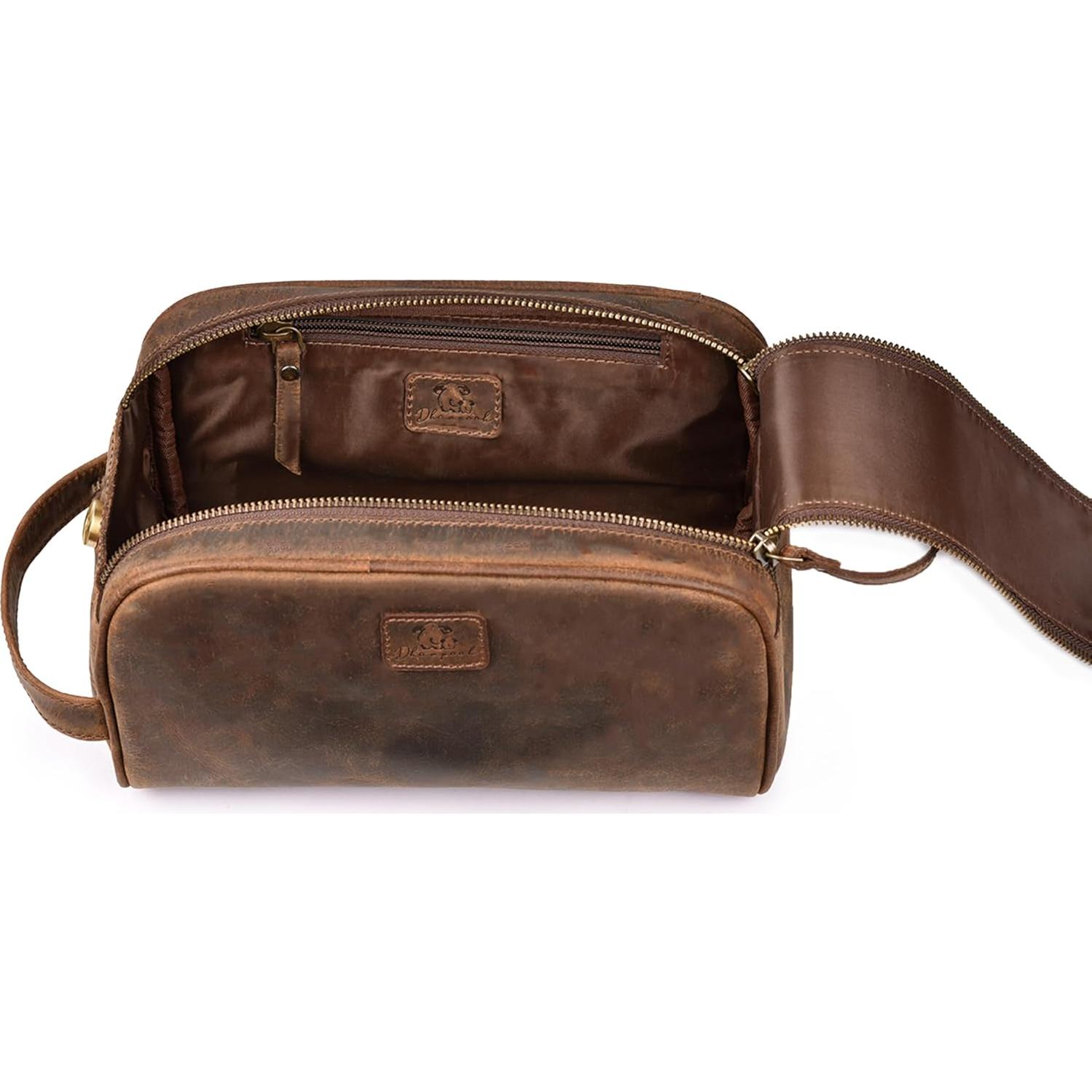 Neceser de Viaje DHAMPOOH de Cuero Marrón - Bolsa Dopp 25.4x15.2cm