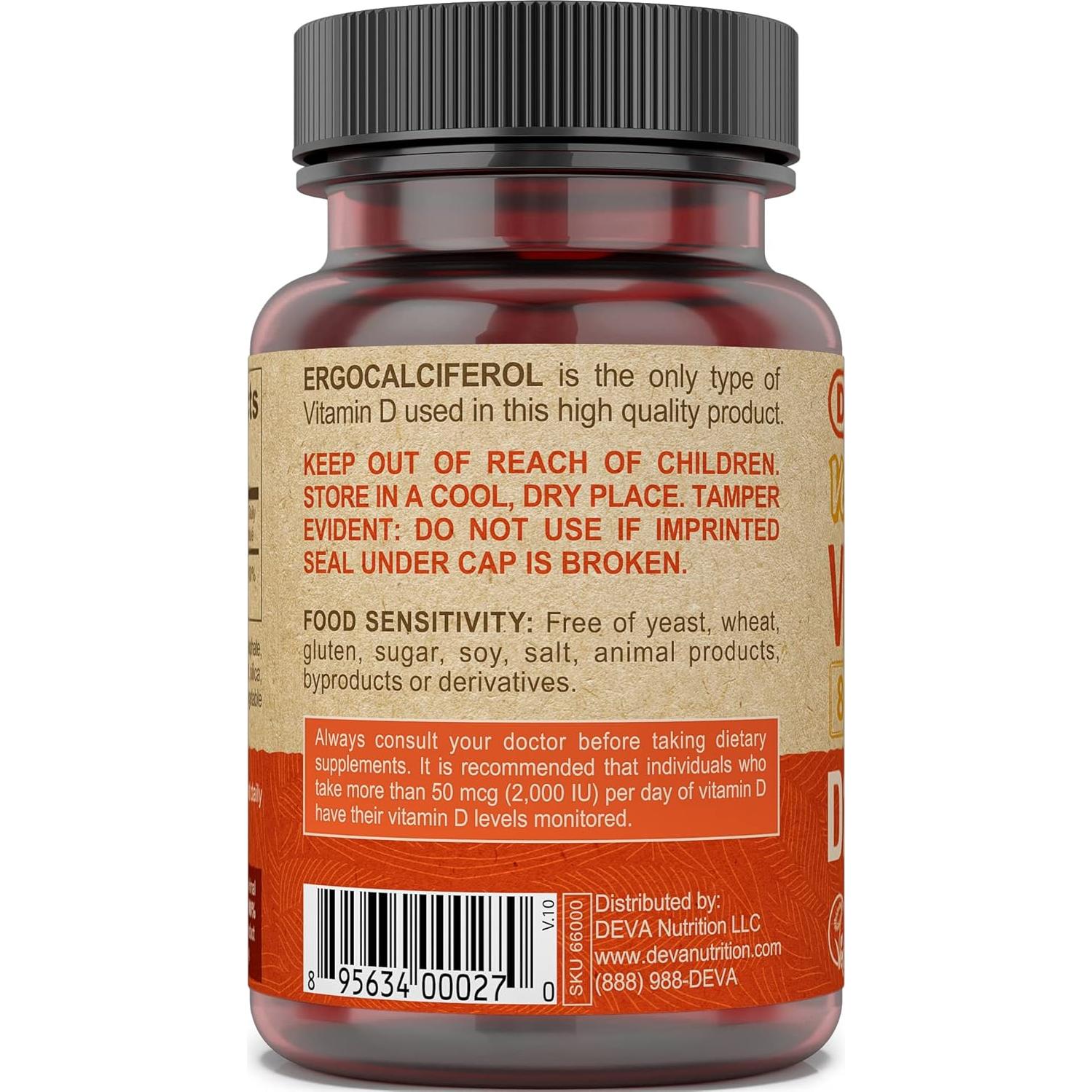 Suplemento Vitamina D2 800 UI DEVA 90 Tabletas Veganas