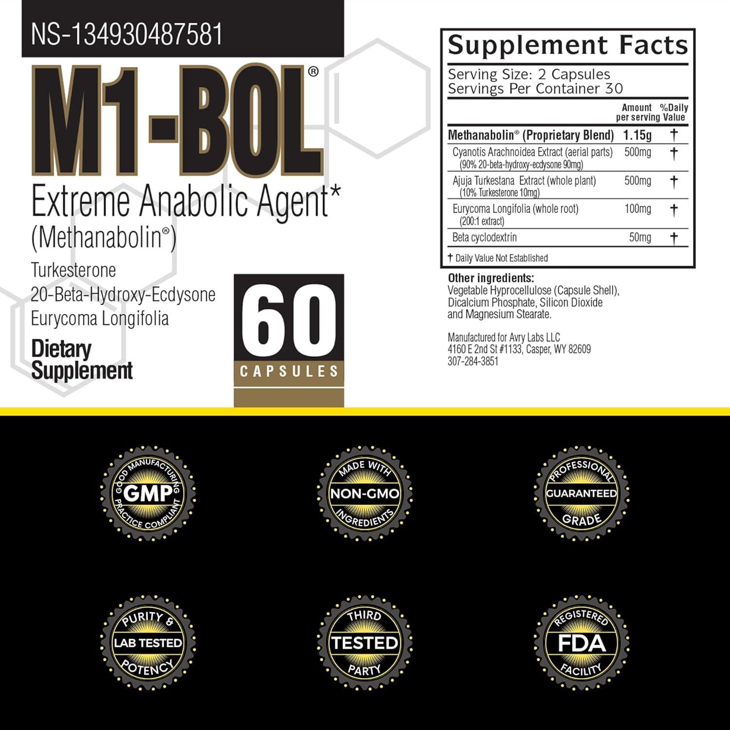 Suplemento Anabólico M1-BOL Avry Labs - 60 Cápsulas Veganas