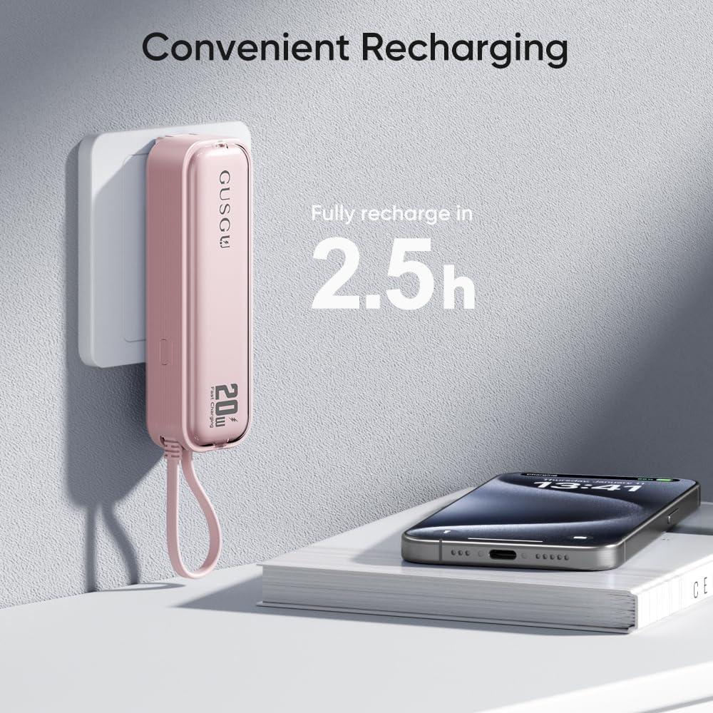 Cargador Portátil Gusgu 5000mAh 2 en 1 USB-C Rosa