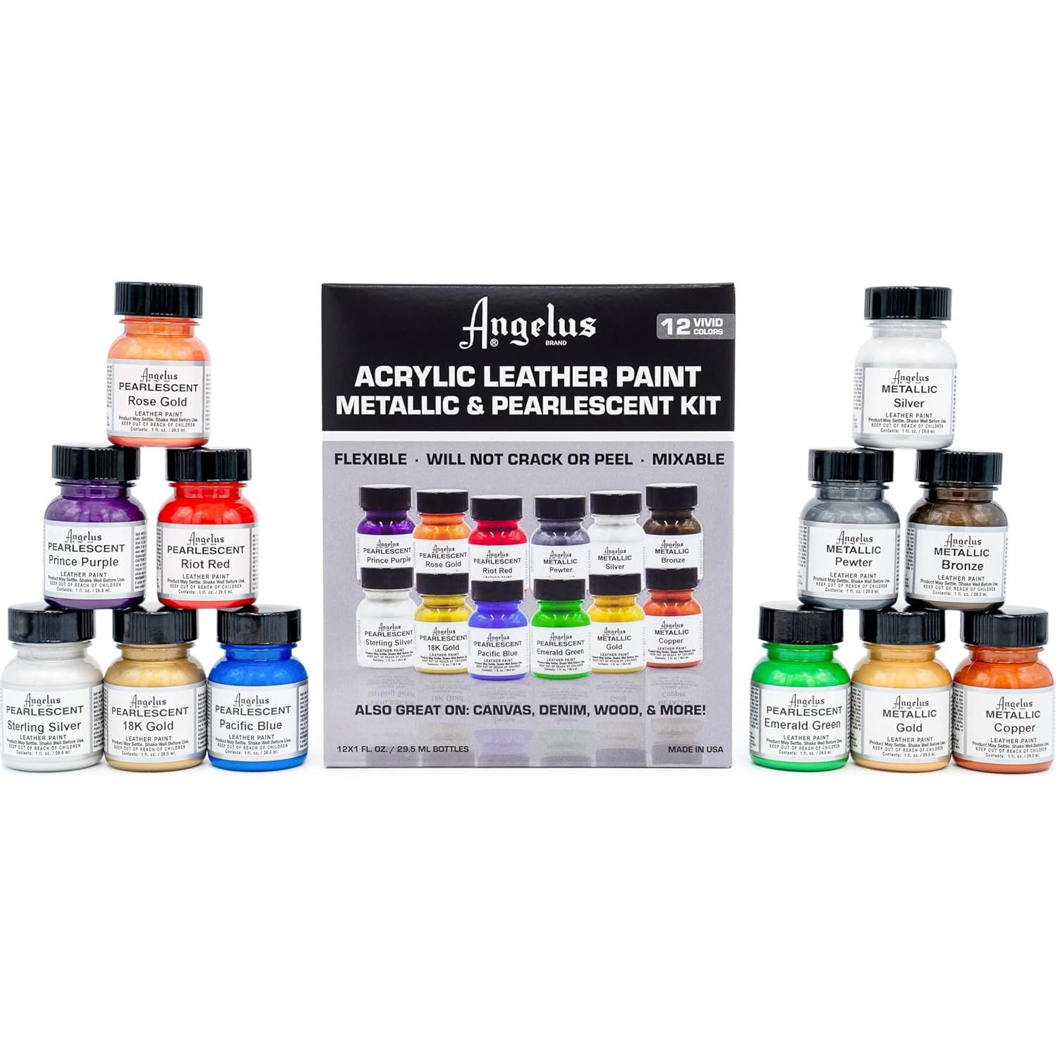 Kit de Pintura Acrílica Metálica y Perlada Angelus 12 Pack 29.57 ml