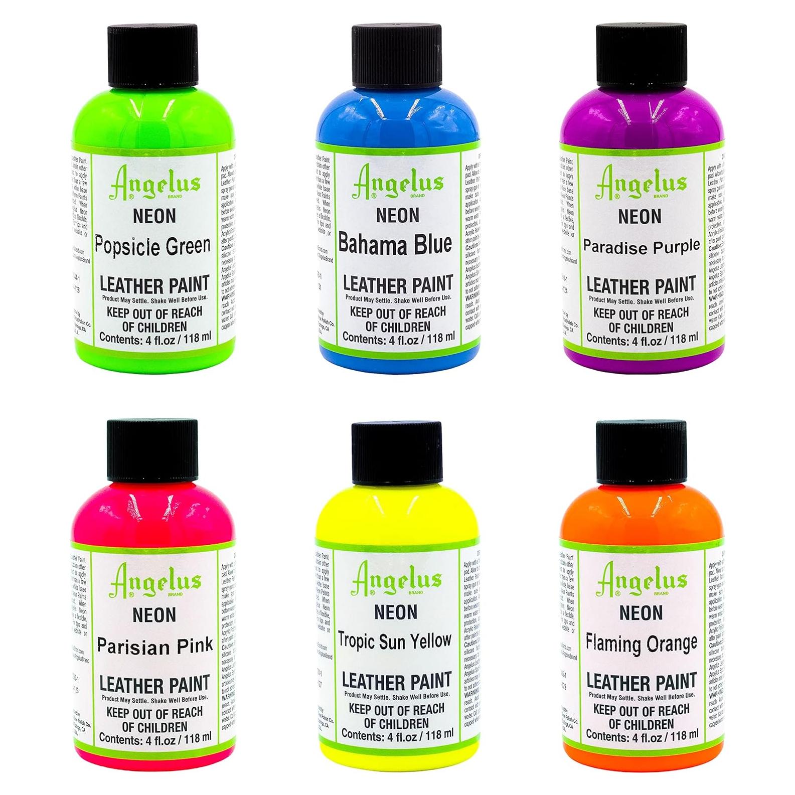 Kit de Pintura Acrílica Neón Angelus 4oz 6 Pack para Cuero y Arte