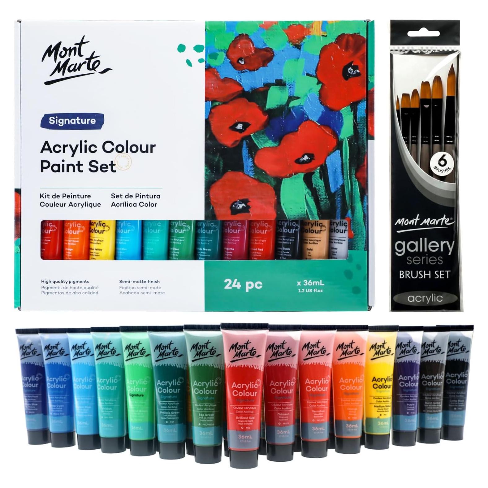Juego de Pintura Acrílica Mont Marte 24 Colores 36ml con Pinceles