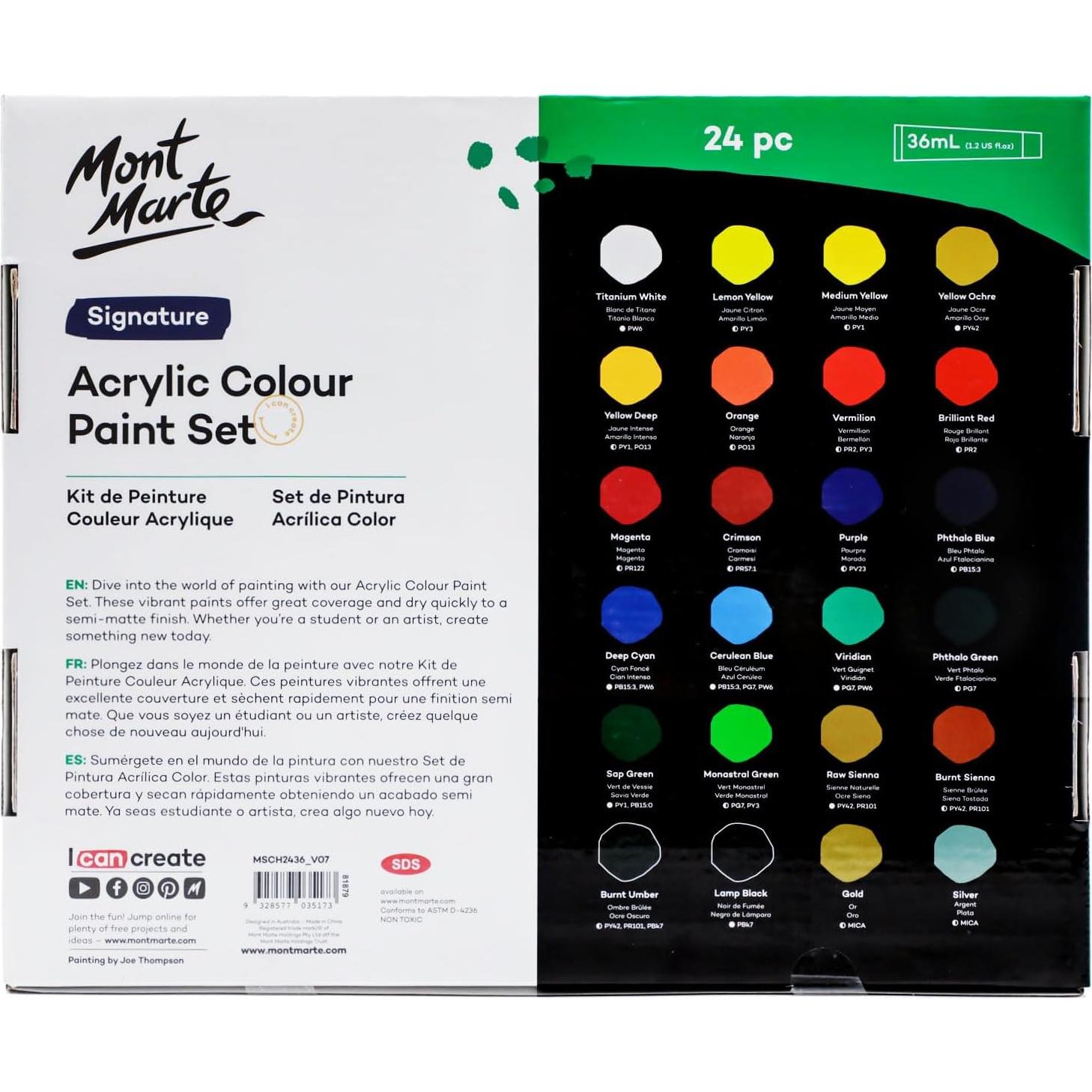 Juego de Pintura Acrílica Mont Marte 24 Colores 36ml con Pinceles