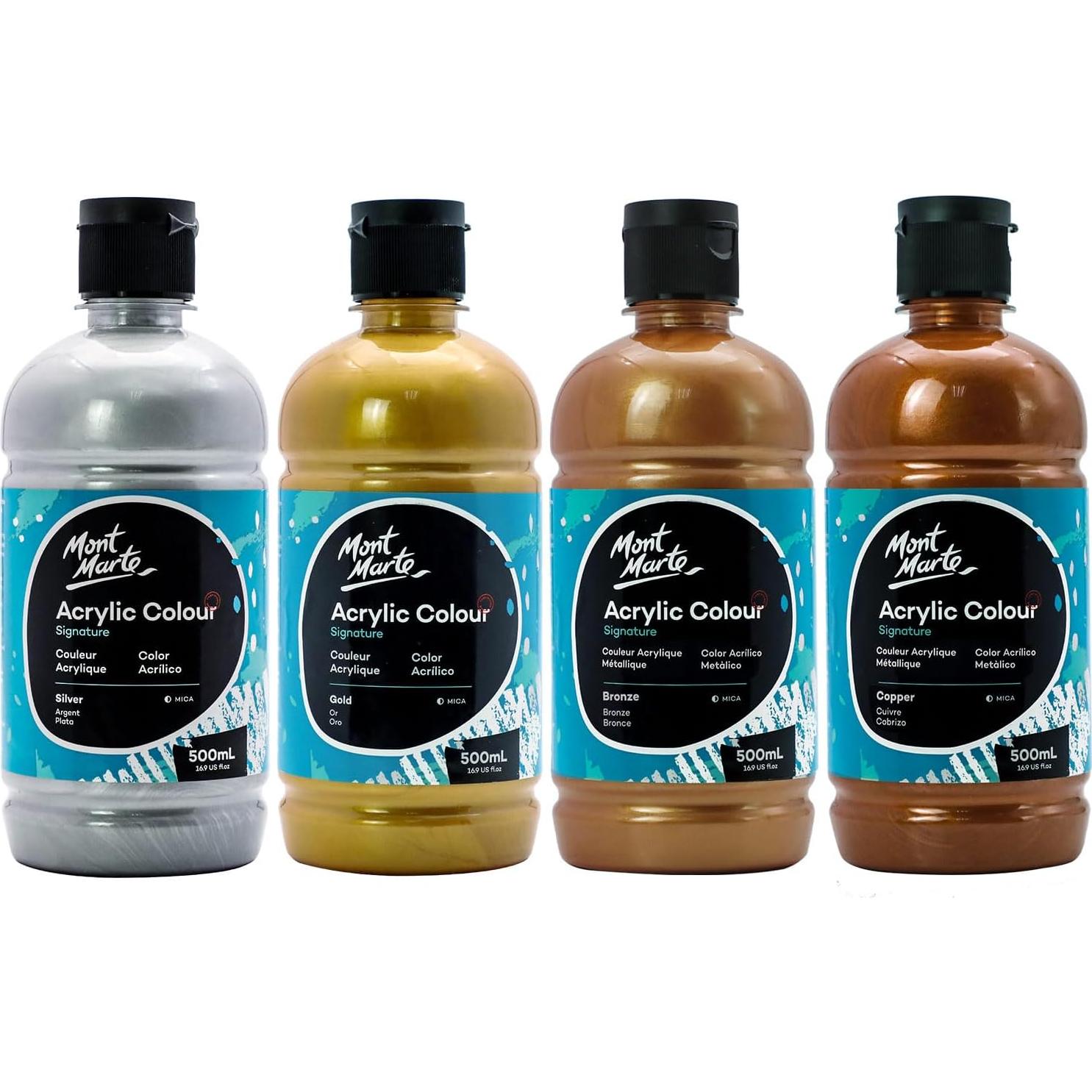 Pintura Acrílica Metálica Mont Marte 500ml - Oro, Plata, Bronce, Cobre