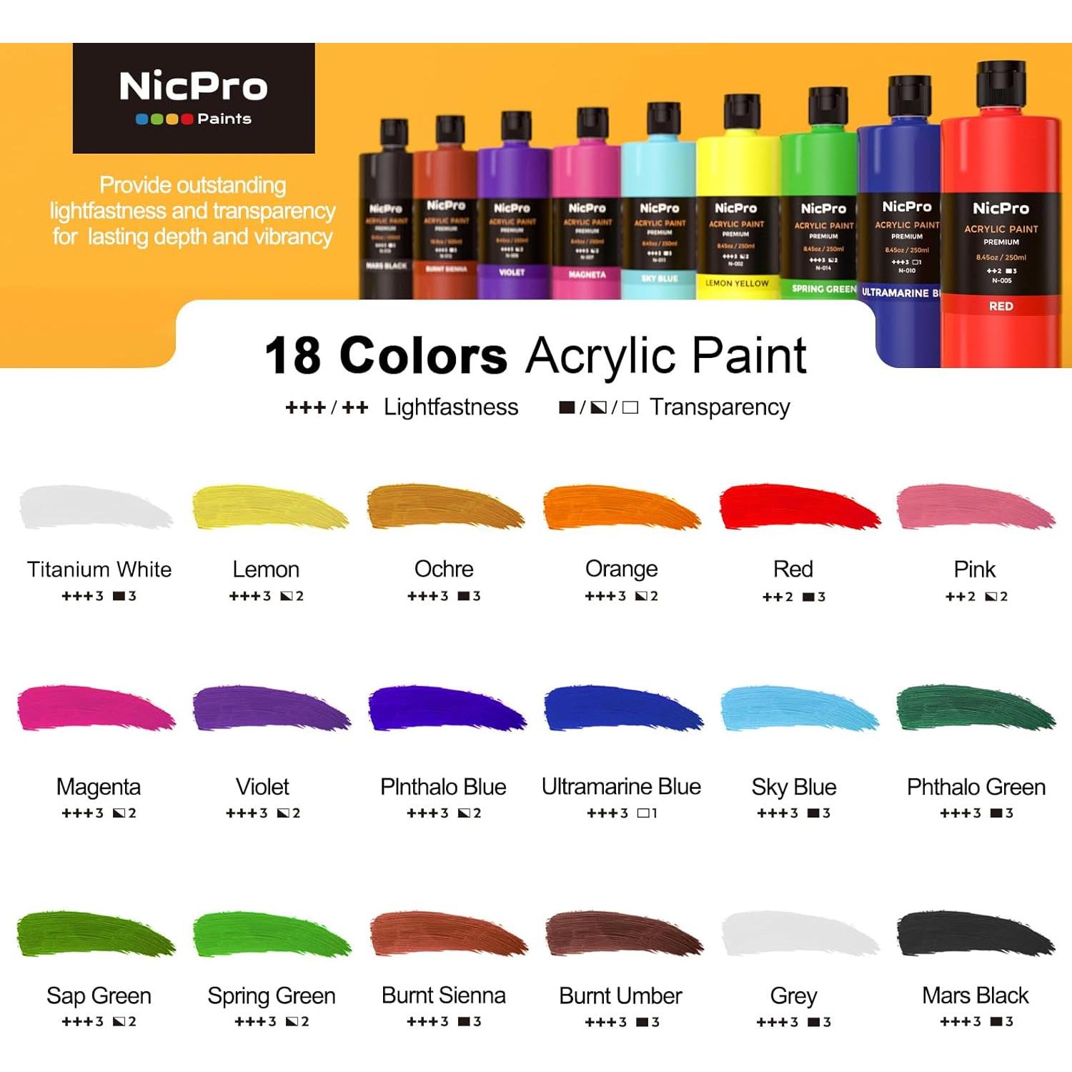 Set de Pintura Acrílica Nicpro 18 Colores 250ml No Tóxicos