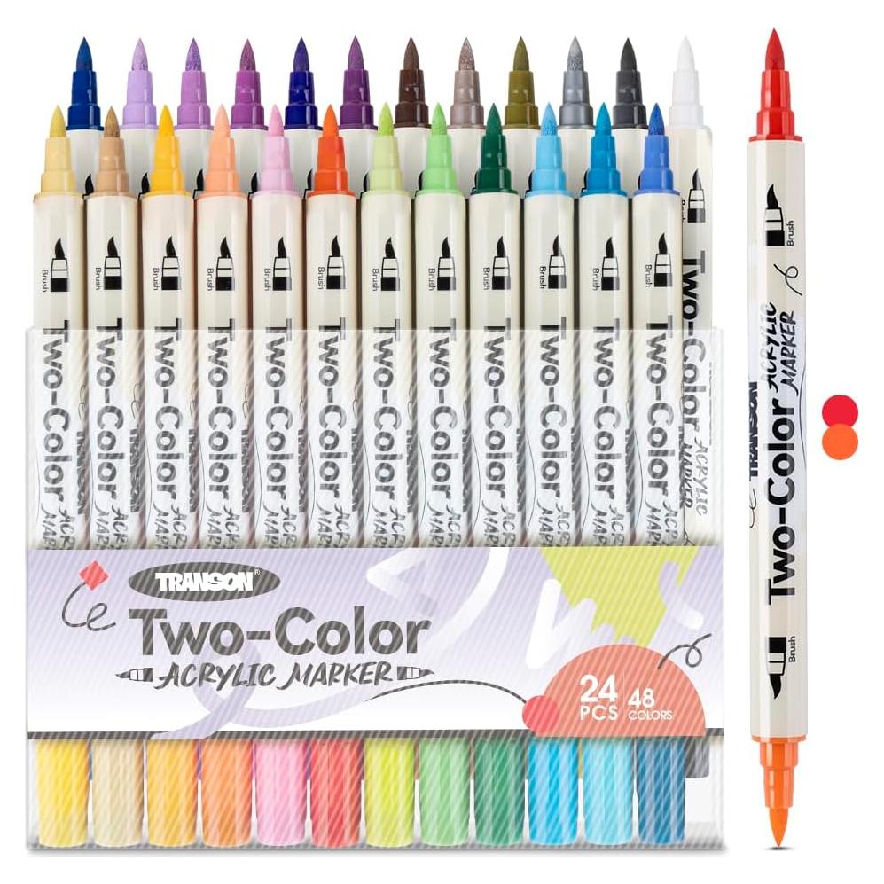Juego de Marcadores Acrílicos TRANSON 24 Piezas Doble Punta 48 Colores