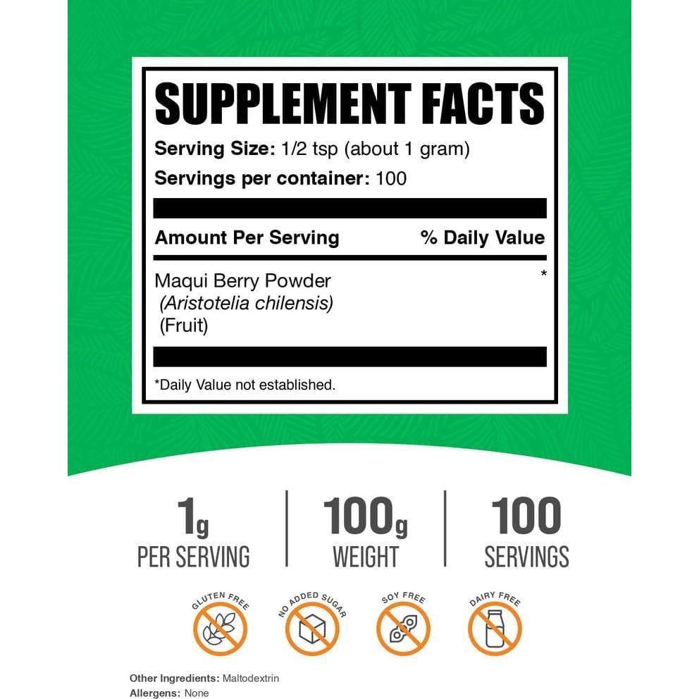 Polvo de Baya Maqui BulkSupplements 100g - Suplemento Herbal Sin Gluten