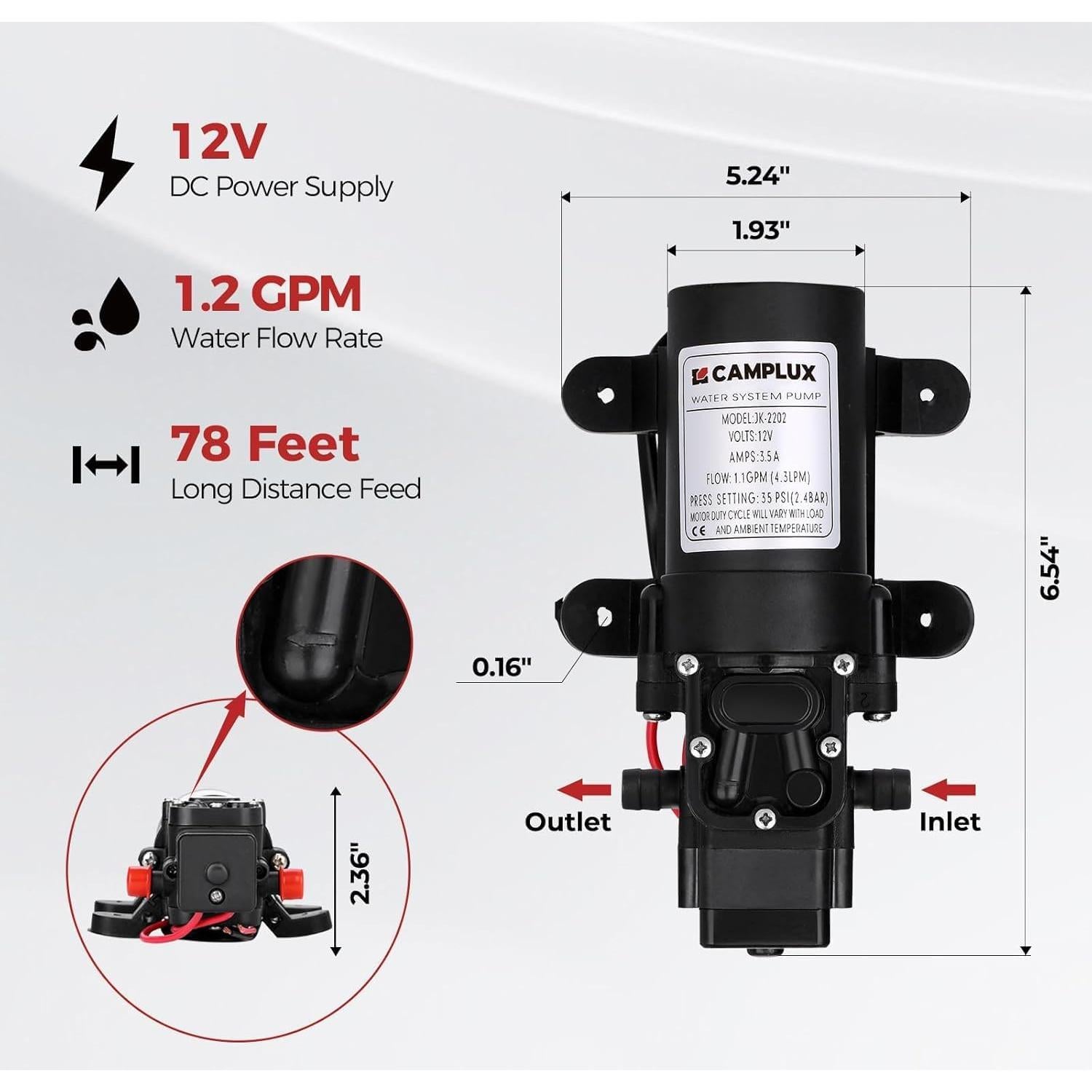 Bomba de Agua 12V Camplux JK-2202 Diafragma 1.2 GPM
