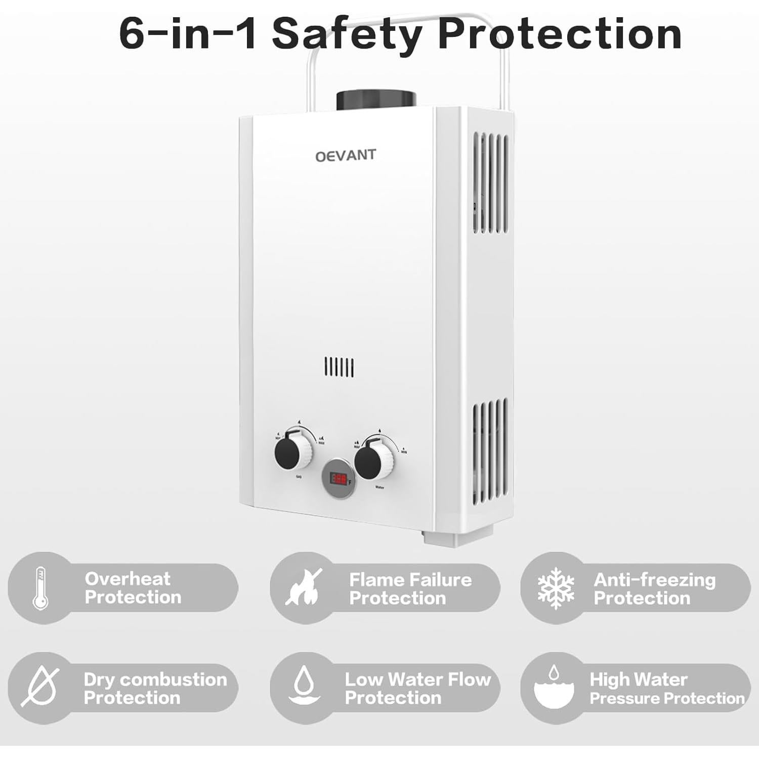 Calentador de Agua a Gas Propano OEVANT 6L Portátil Blanco