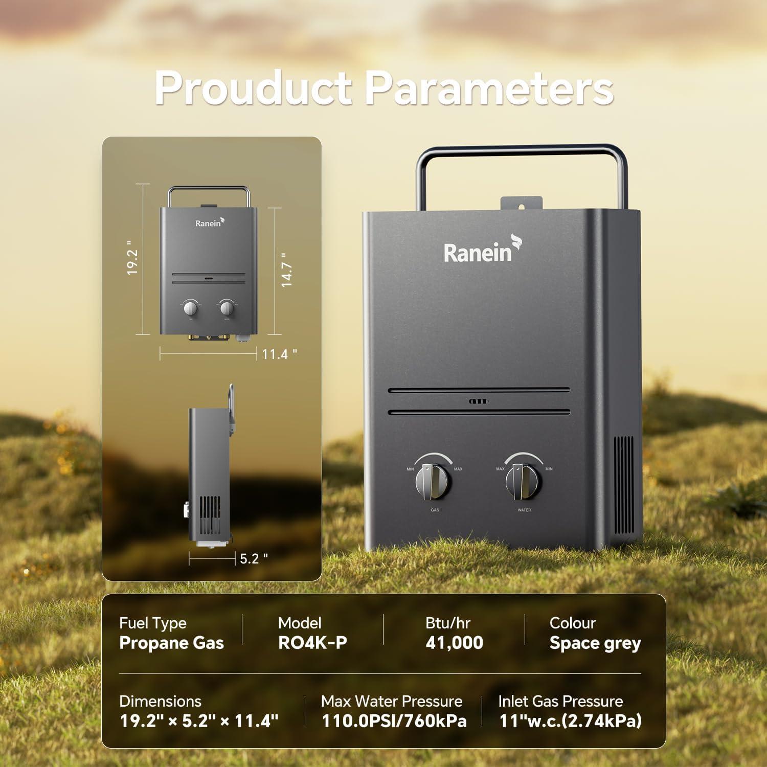 Calentador de Agua Portátil Ranein 5L Propano 41,000 BTU