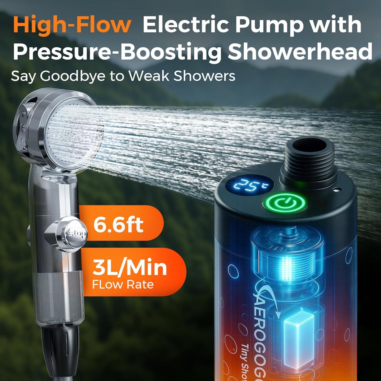 Ducha Portátil Aerogogo Recargable con Pantalla LED 3 Modos