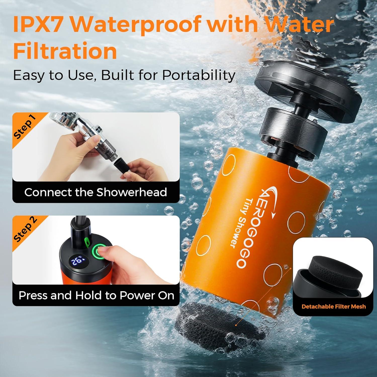 Ducha Portátil Aerogogo Recargable con Pantalla LED 3 Modos