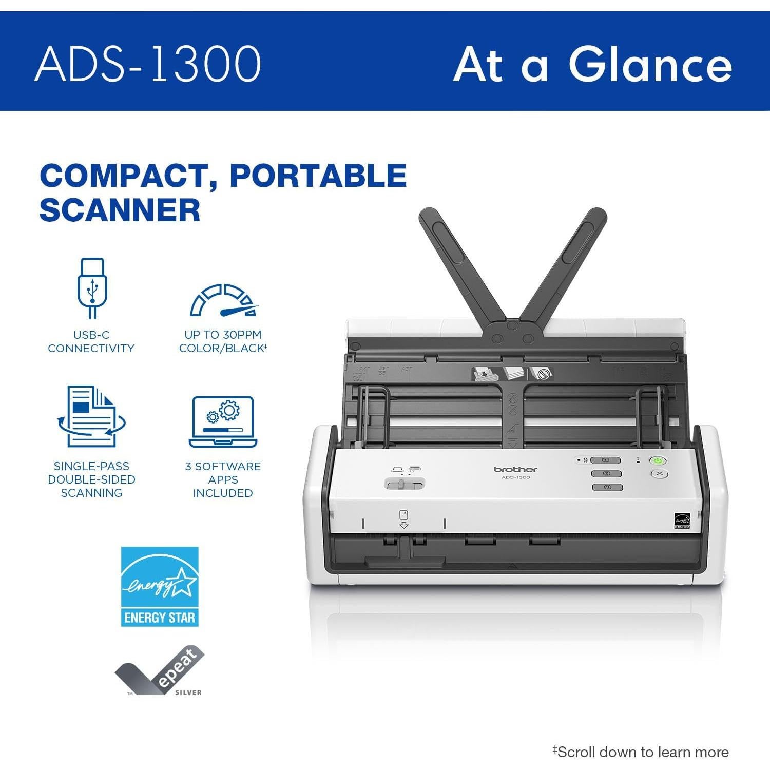 Escáner Compacto Brother ADS-1300 | 30ppm | Doble Cara