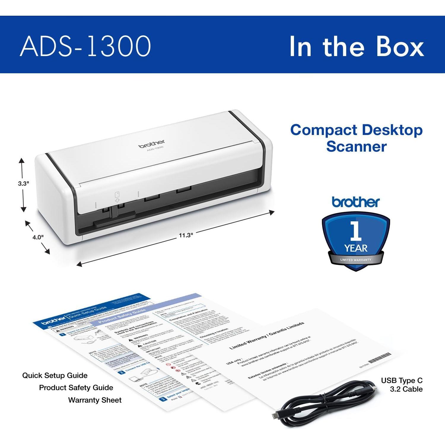 Escáner Compacto Brother ADS-1300 | 30ppm | Doble Cara