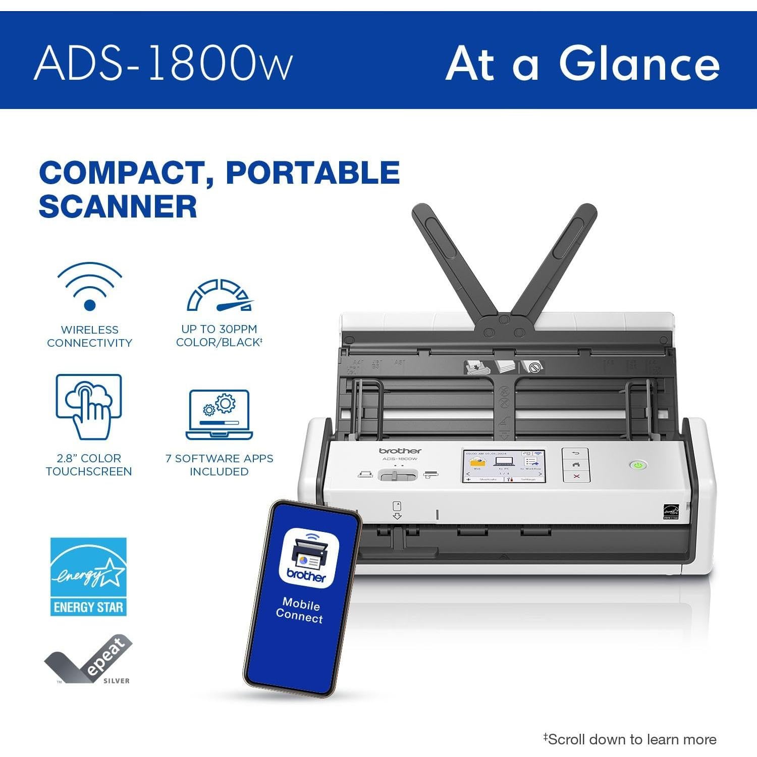 Escáner Compacto Brother ADS-1800W Inalámbrico 30ppm