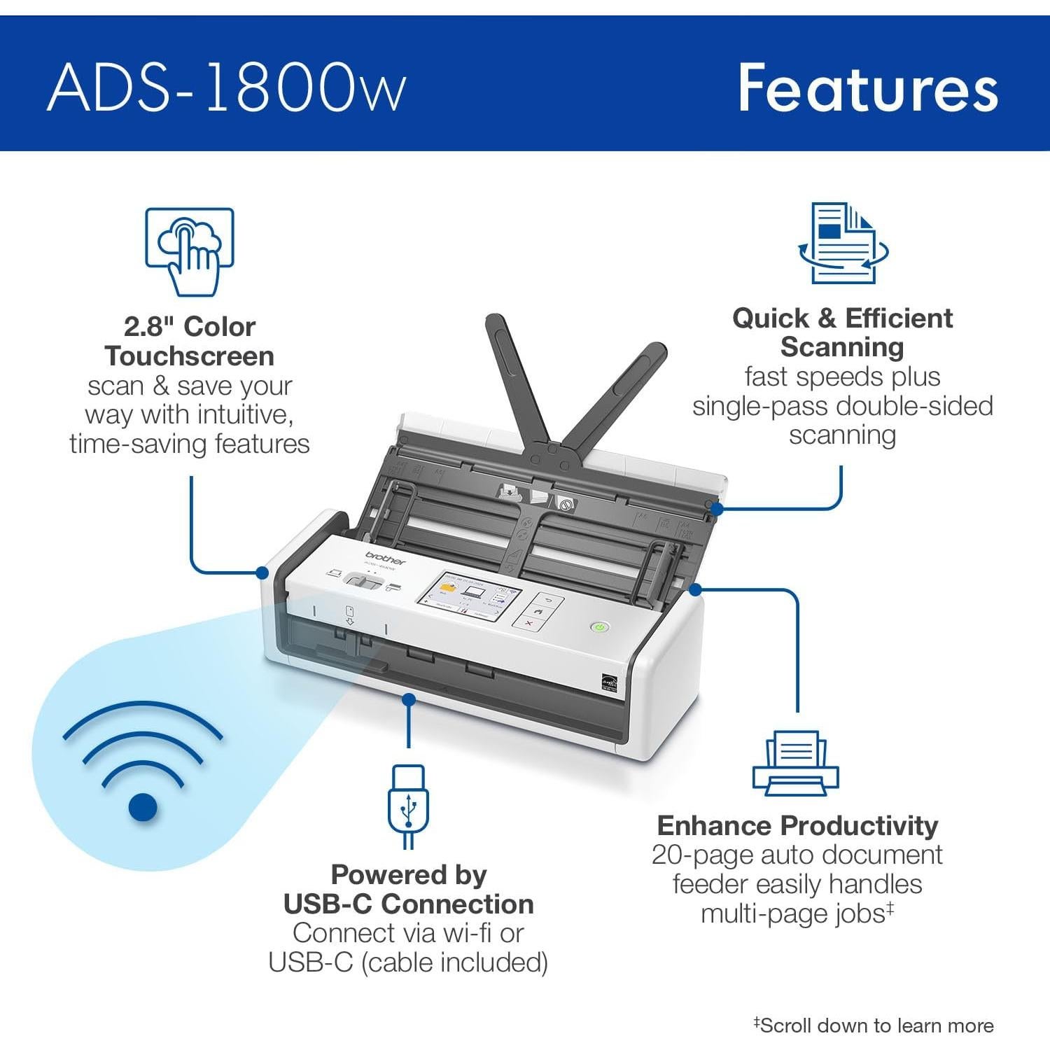 Escáner Compacto Brother ADS-1800W Inalámbrico 30ppm