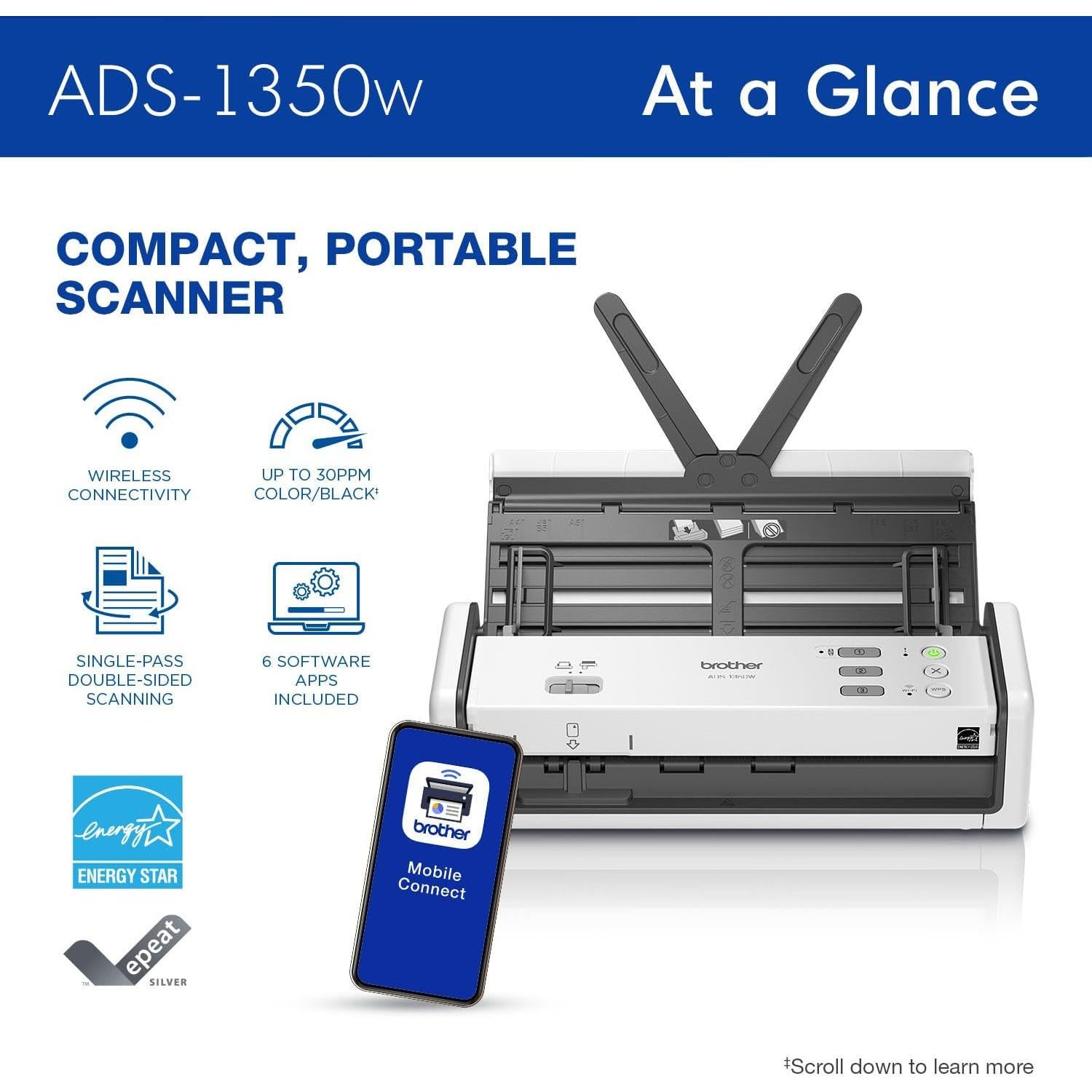Escáner Compacto Brother ADS-1350W Inalámbrico 30ppm Doble Cara
