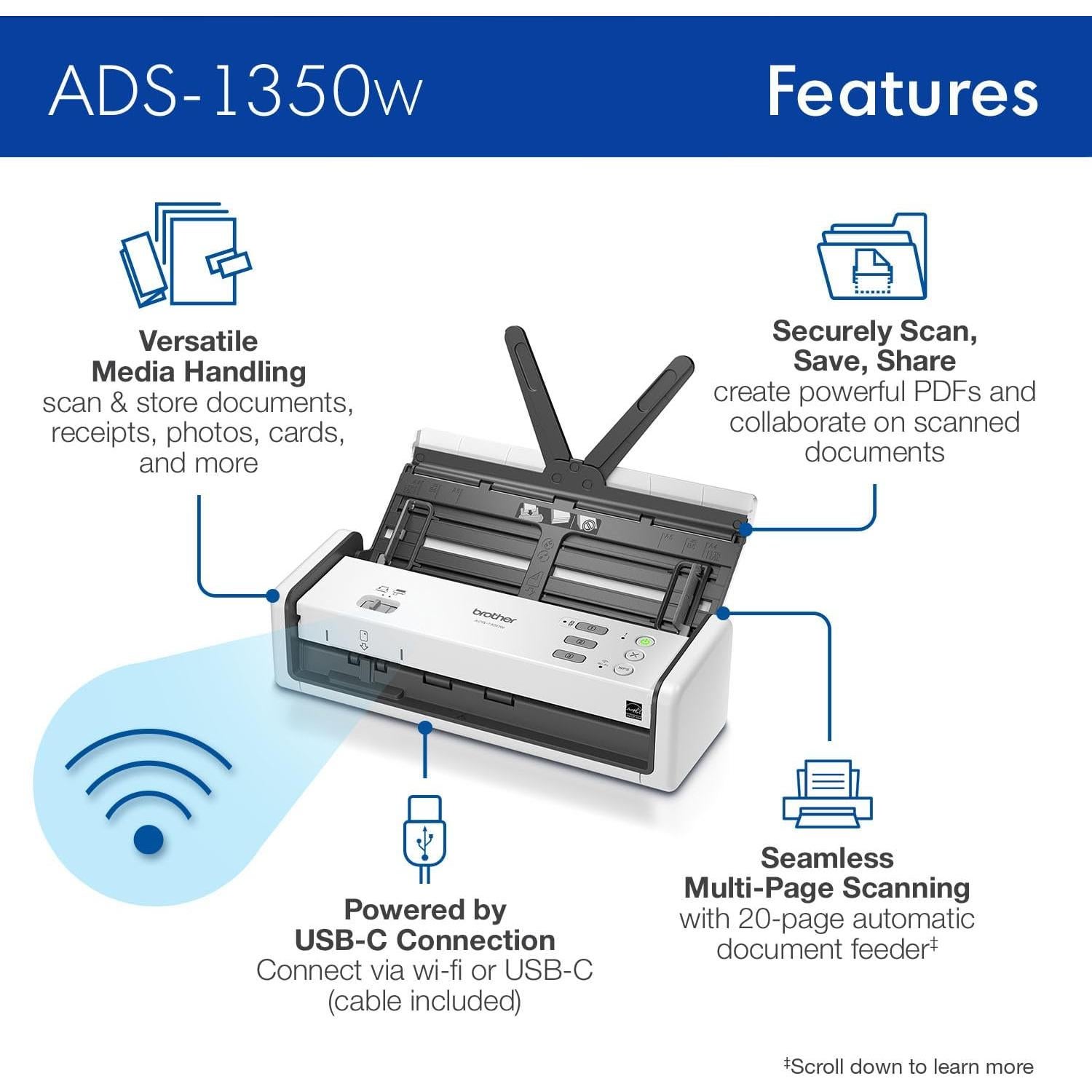 Escáner Compacto Brother ADS-1350W Inalámbrico 30ppm Doble Cara