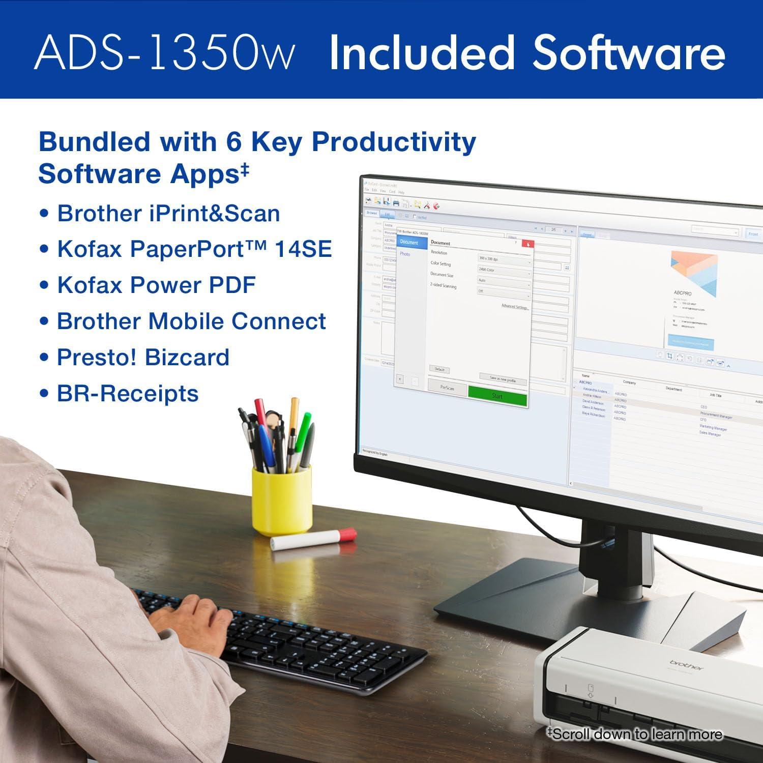 Escáner Compacto Brother ADS-1350W Inalámbrico 30ppm Doble Cara