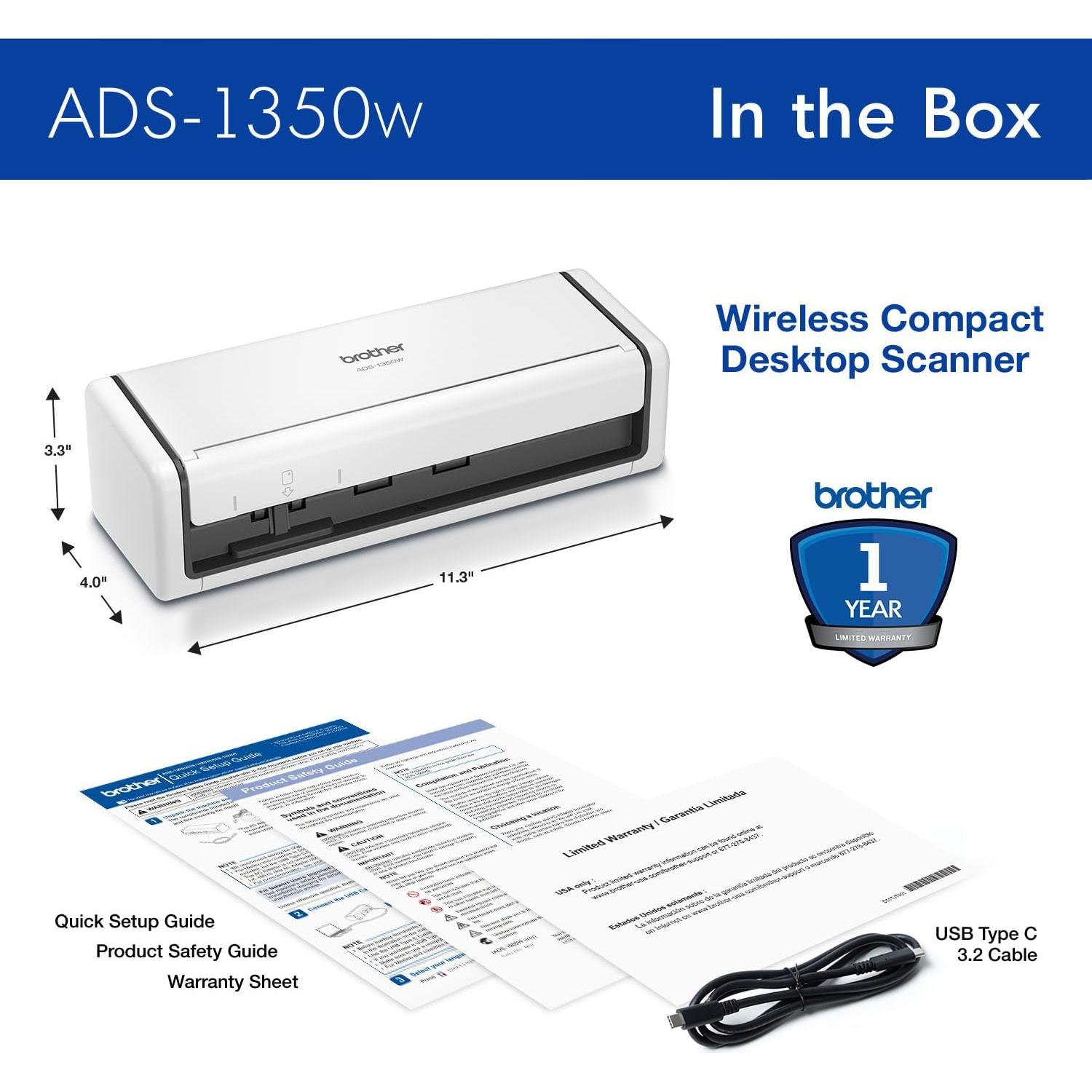 Escáner Compacto Brother ADS-1350W Inalámbrico 30ppm Doble Cara