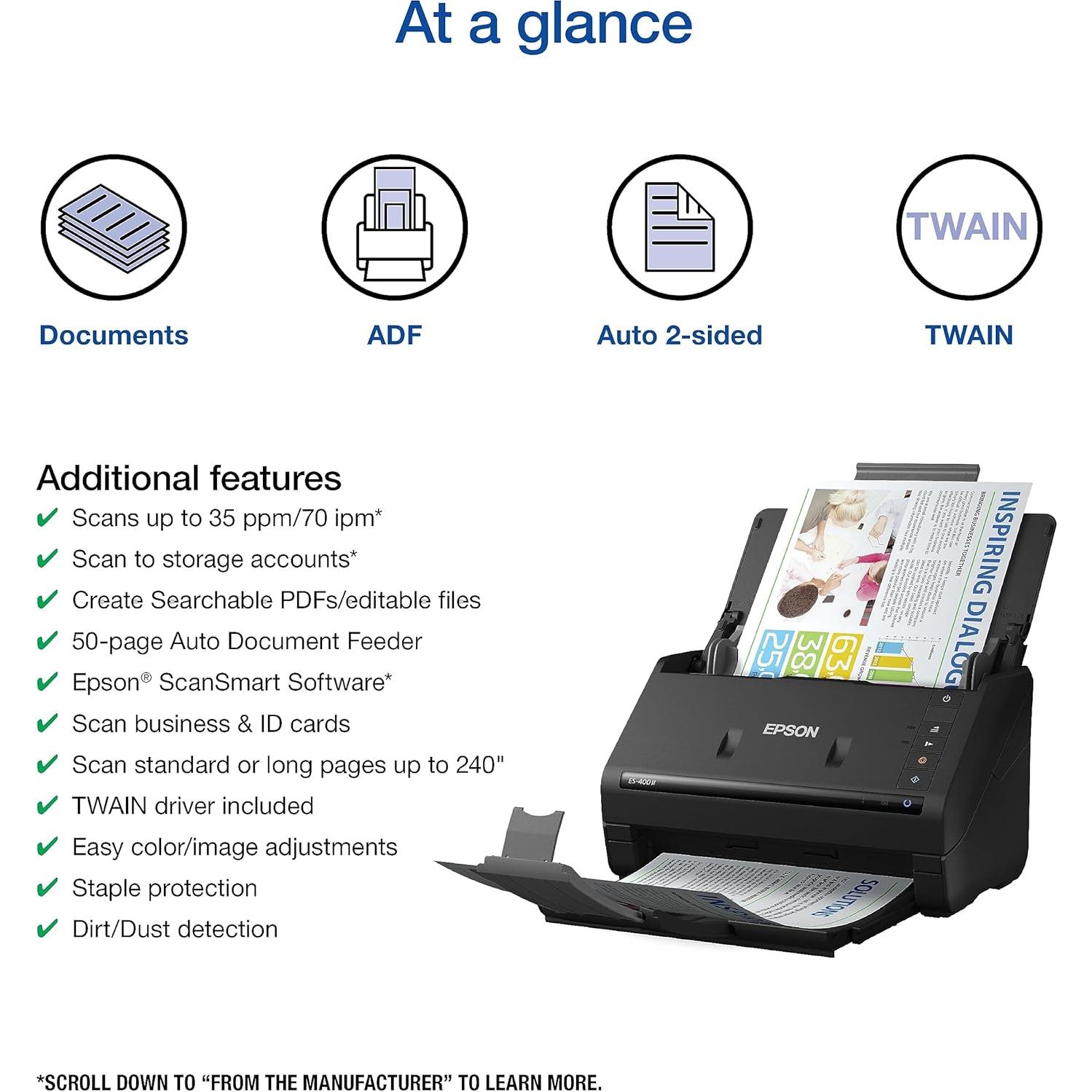Escáner de Documentos Dúplex Epson WorkForce ES-400 II ADF