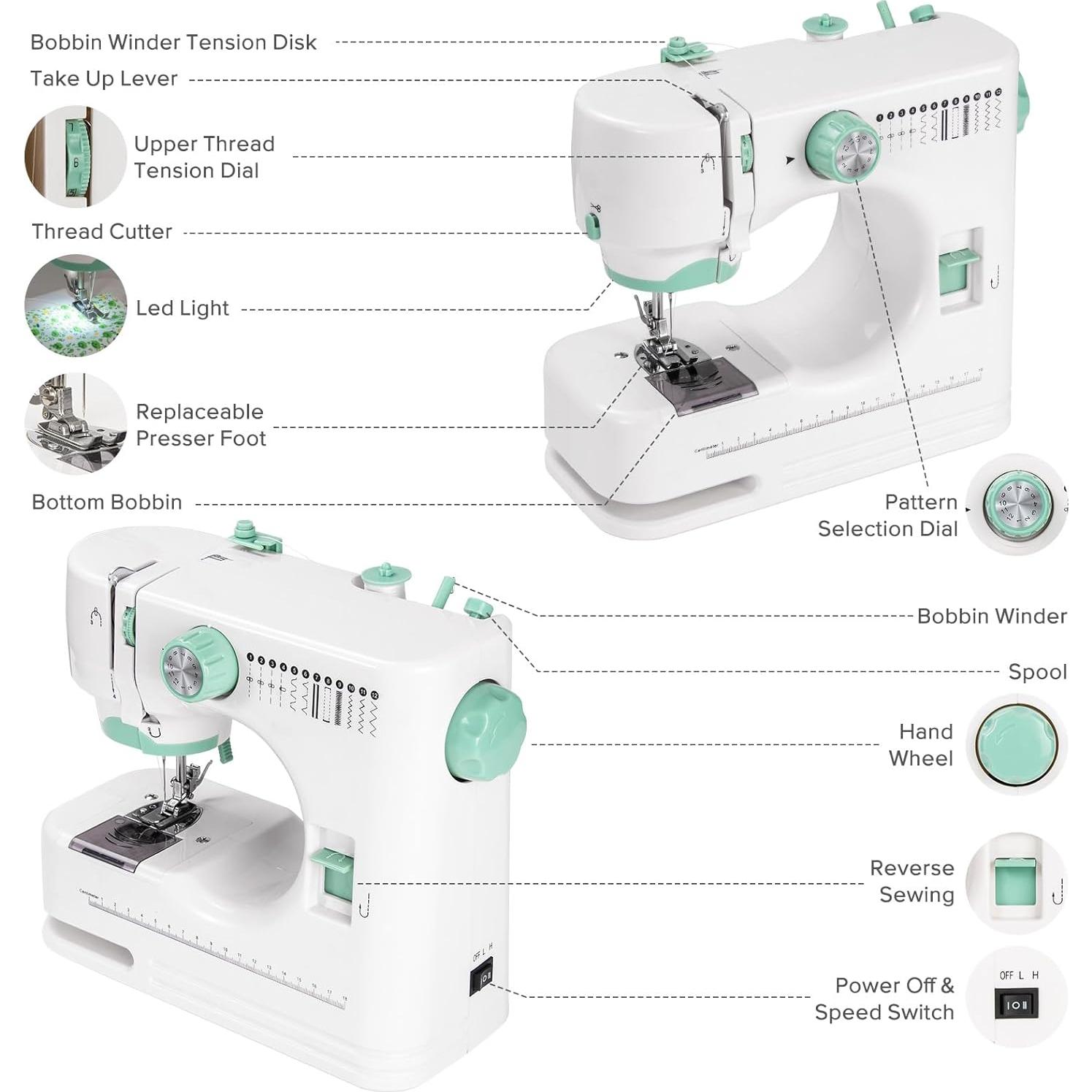 Máquina de Coser Eléctrica Portátil Mini 12 Puntadas Verde