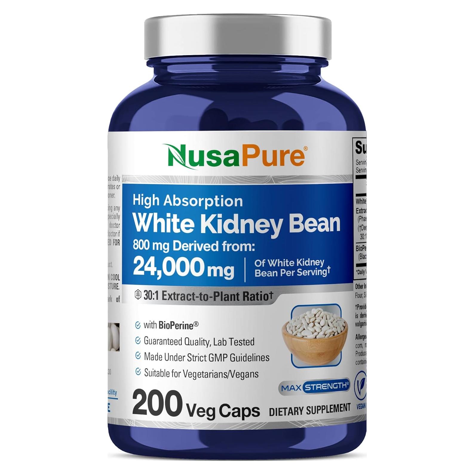 NusaPure Extracto de Frijoles Blancos 800 mg 200 Cápsulas Veganas