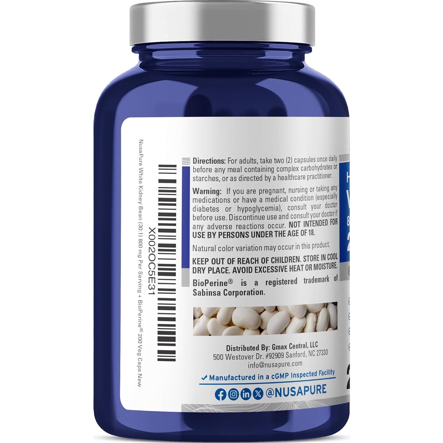 NusaPure Extracto de Frijoles Blancos 800 mg 200 Cápsulas Veganas