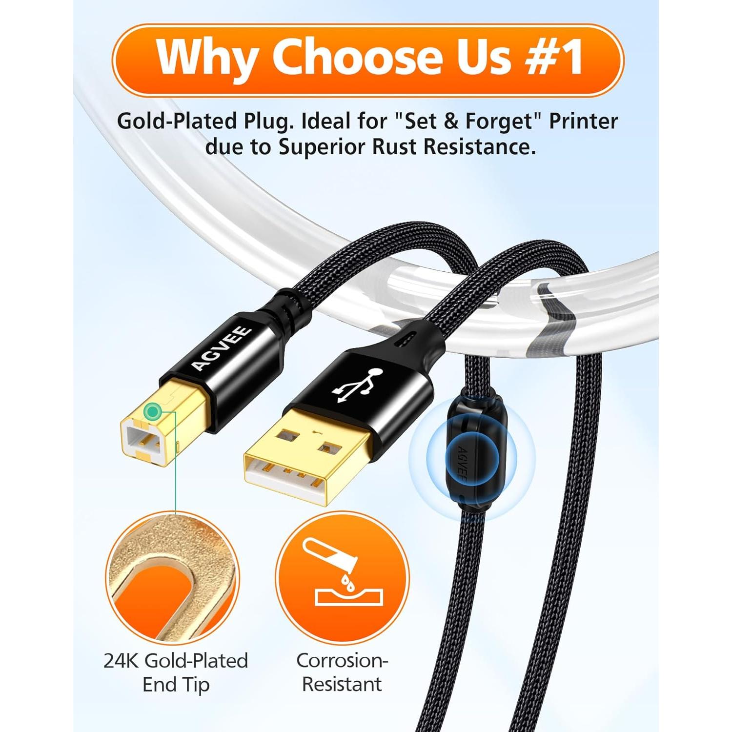 Cable USB-A a B AGVEE 2.01m para Impresoras y MIDI Negro