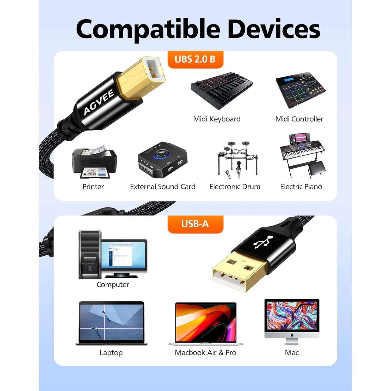 Cable USB-A a B AGVEE 2.01m para Impresoras y MIDI Negro