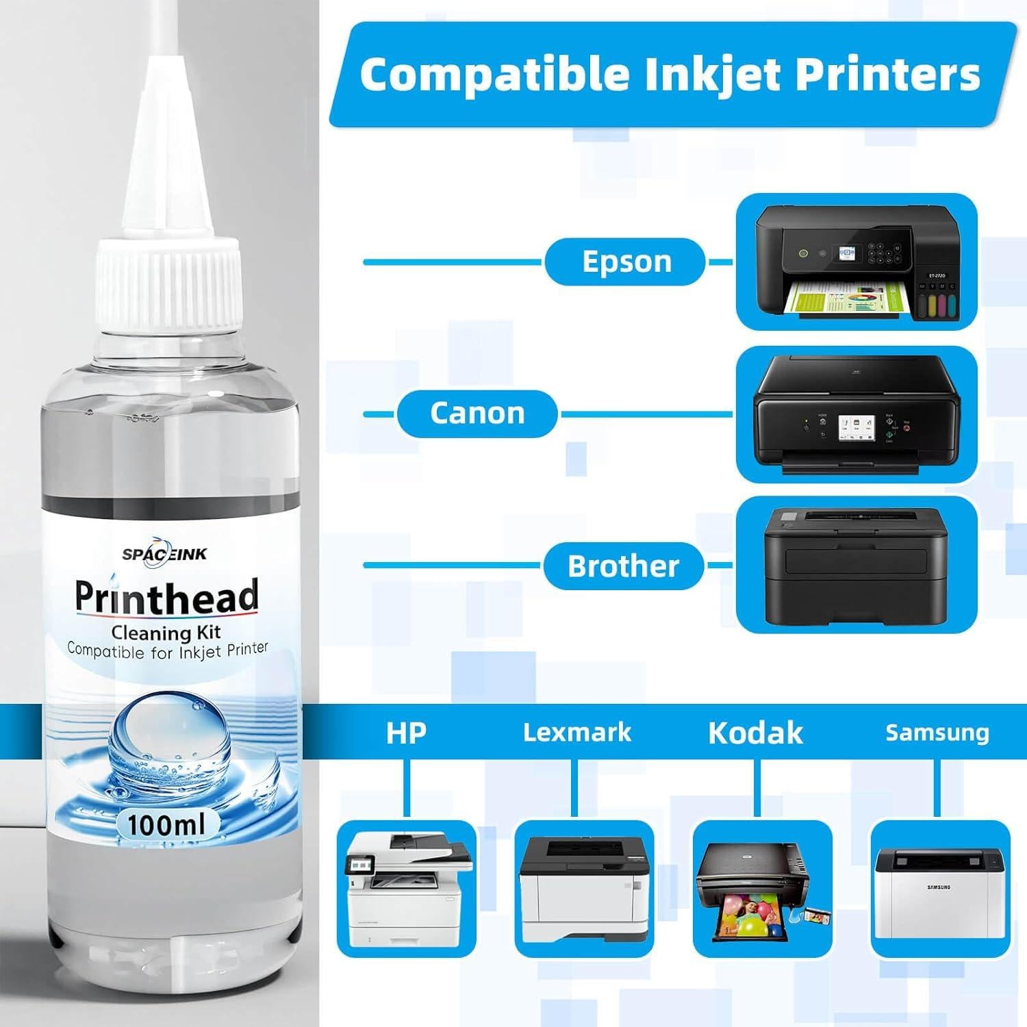 Kit de limpieza de cabezales de impresión Spaceink 200mL para Epson, HP, Canon, Brother